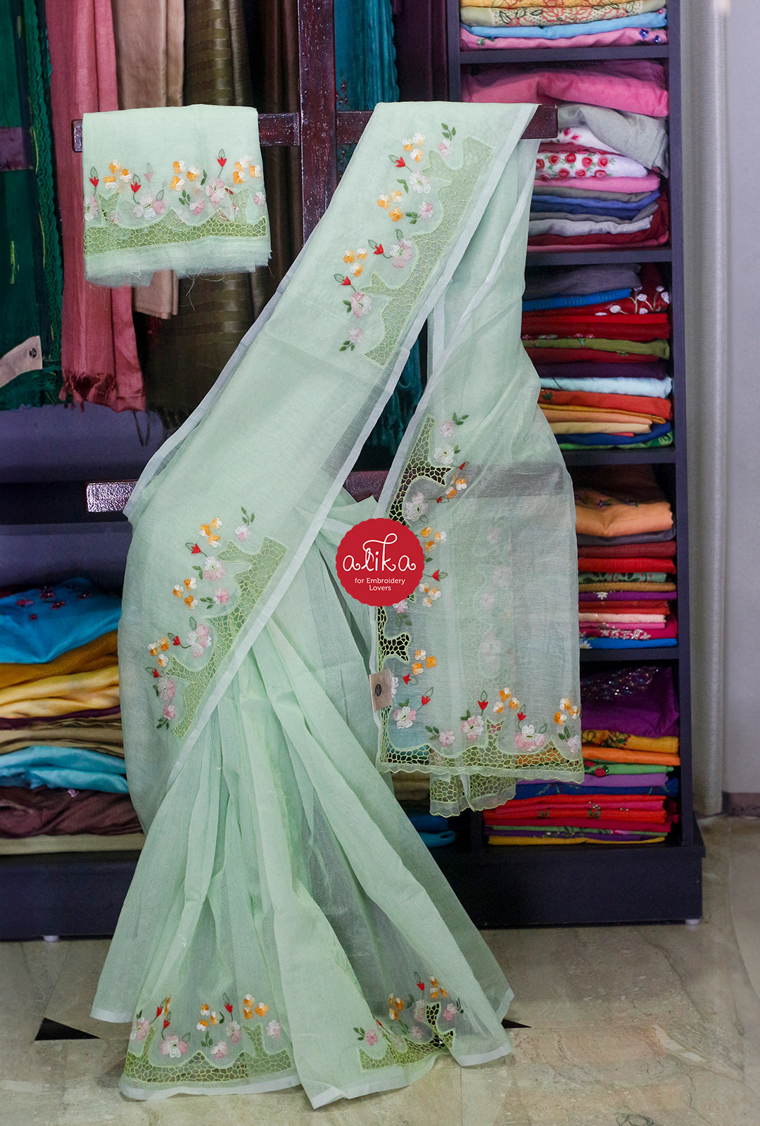 Embroidered semi silk sarees | Applique Work Sarees - Dress Cafe