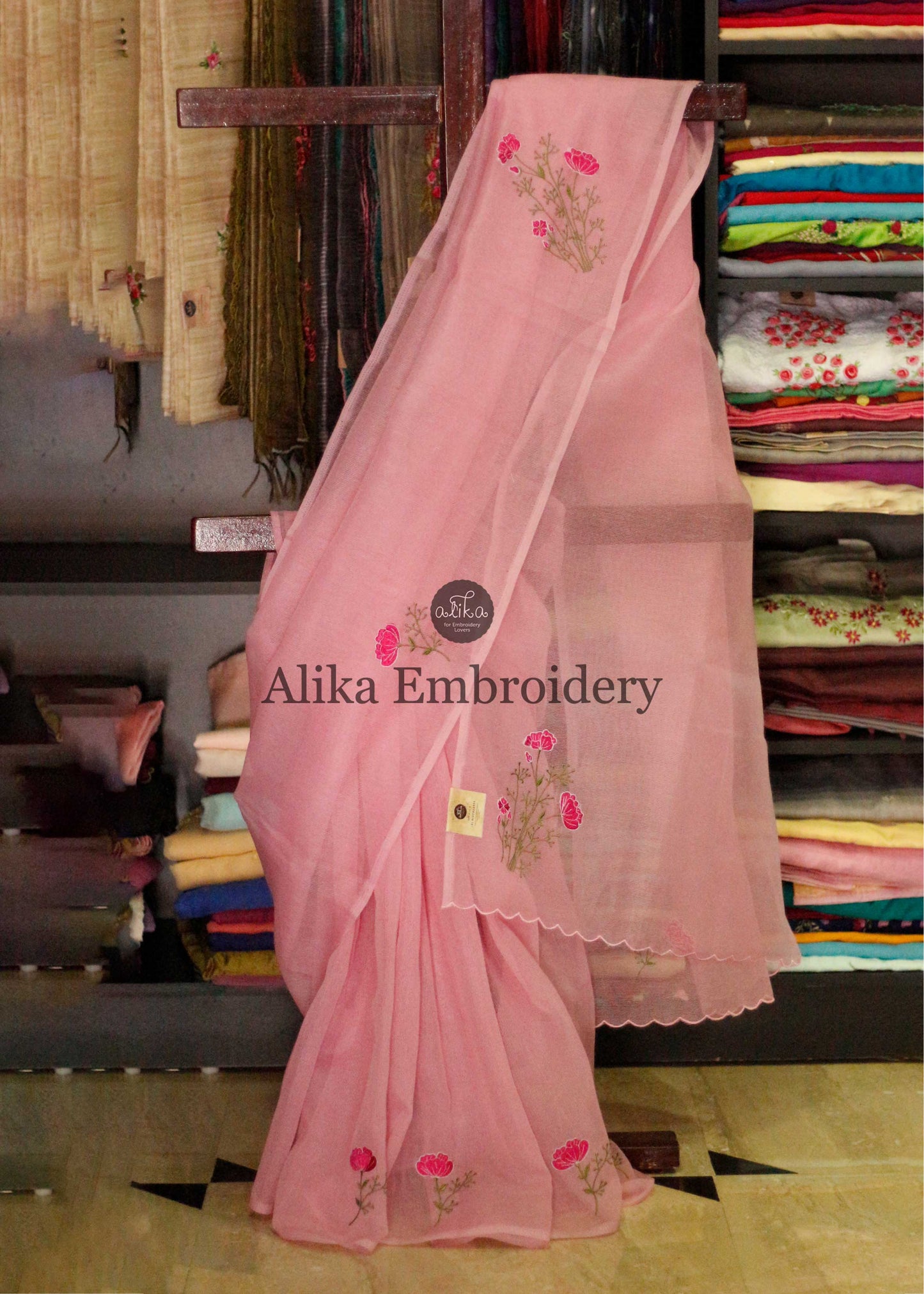 Pretty Pink Silky Kota Saree with Intricate Machine Embroidery | Timeless Elegance