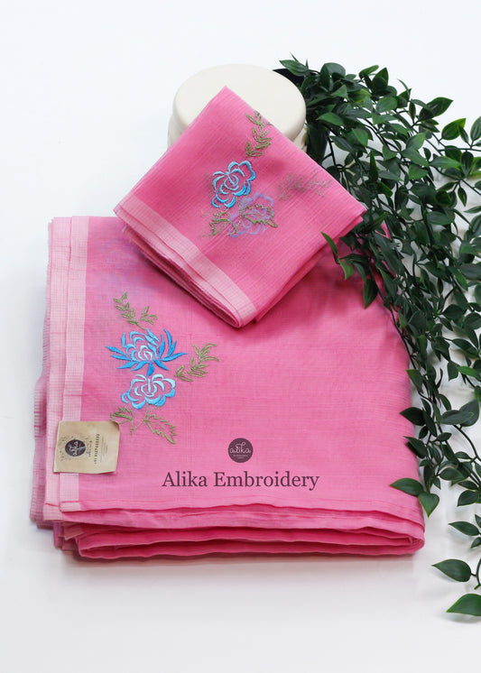 Captivating Pink Striped Kota Saree with Enchanting Blue Machine Work