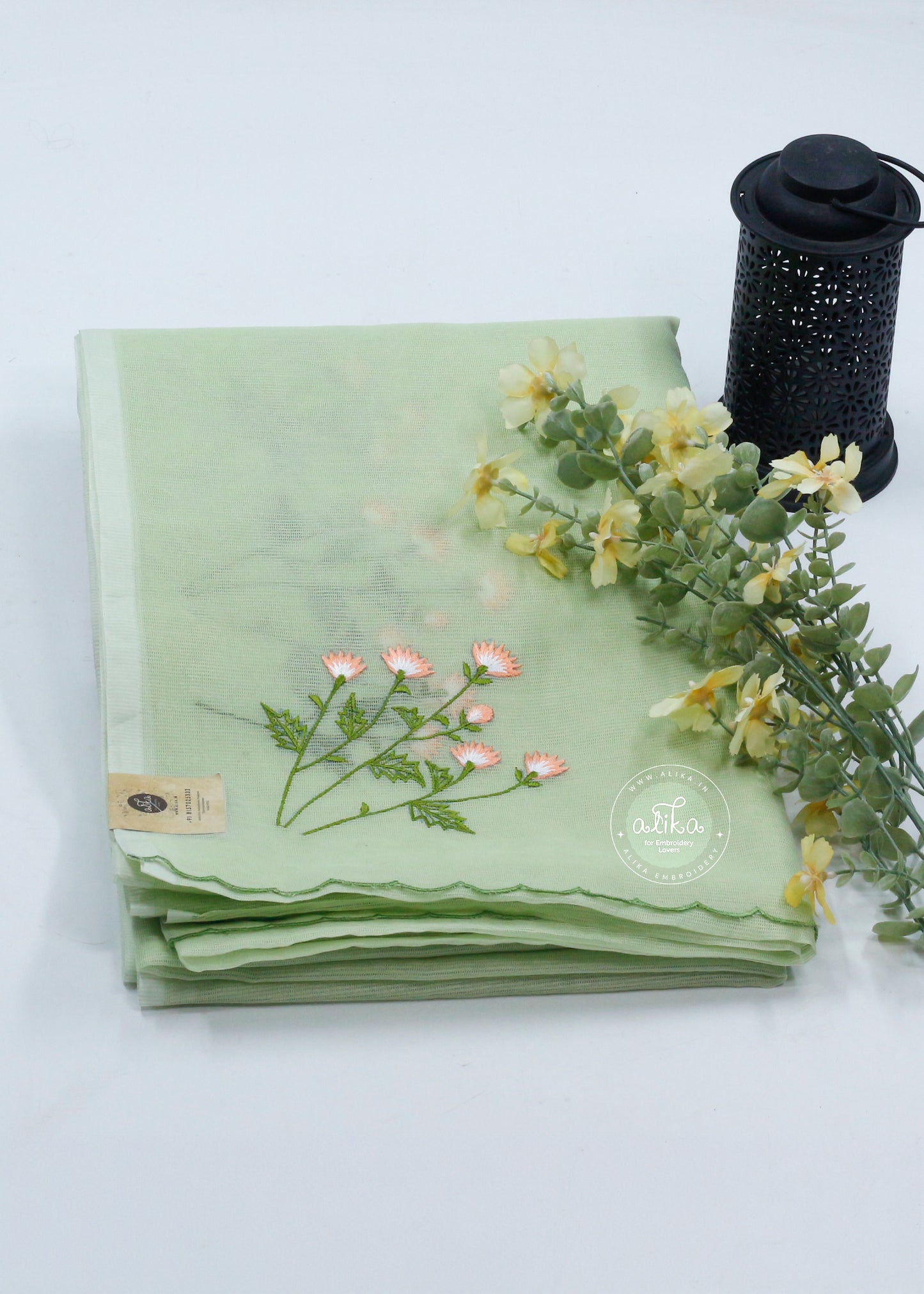 Elegant Chinoise Green Silky Kota Saree with Intricate Floral Machine Work