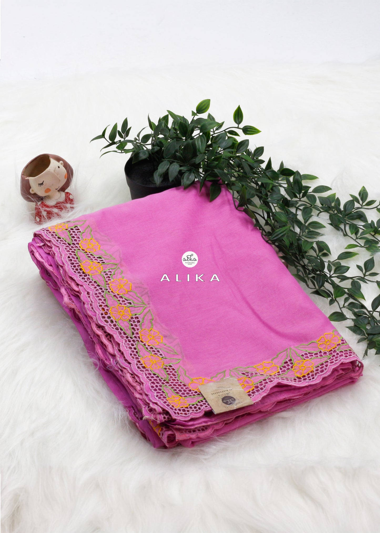 Exquisitely Detailed: Pink Silky Kota Saree with Full Cutwork Design