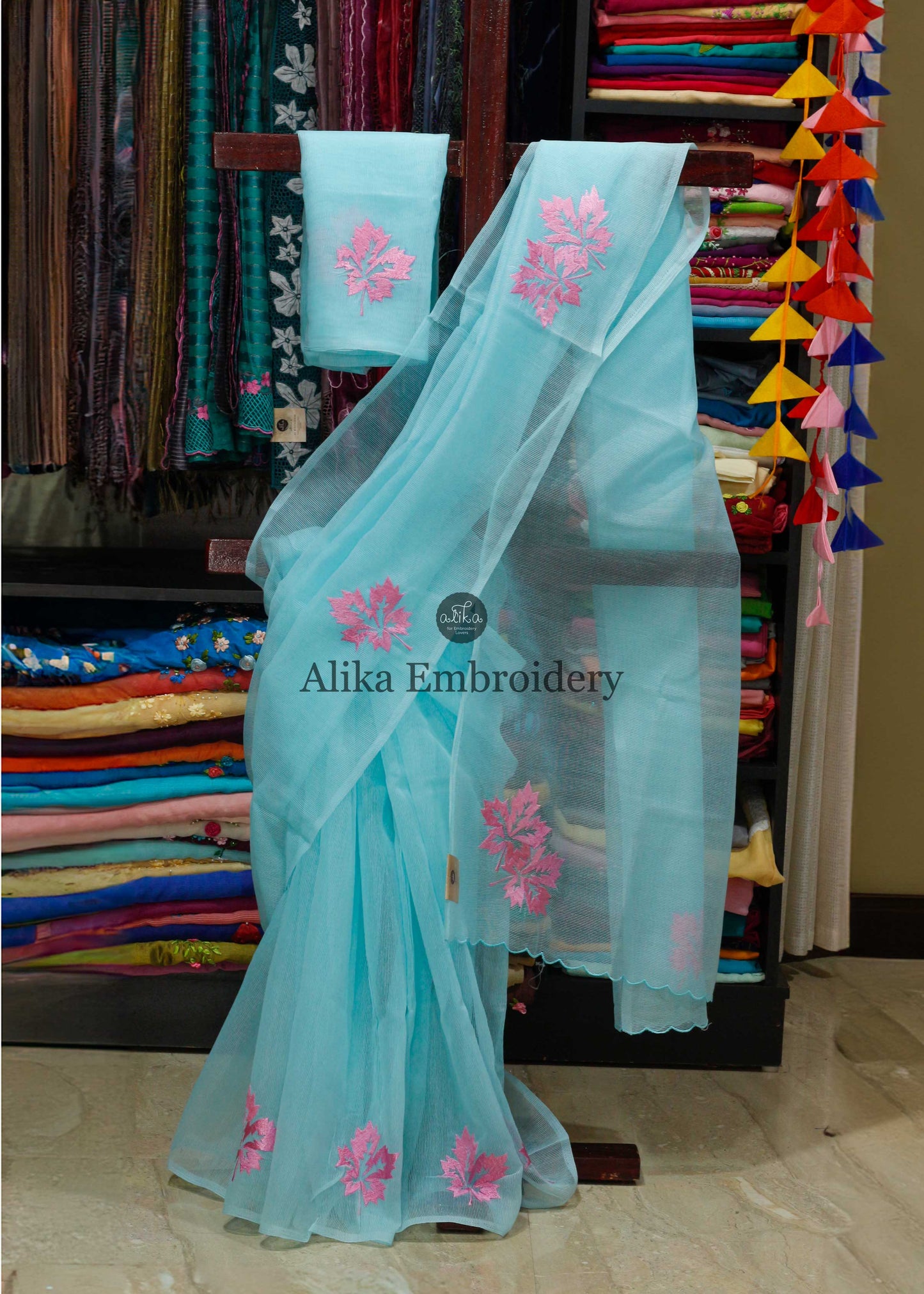 Serene Aqua & Vibrant Pink: Silky Kota Saree with Machine Embroidery