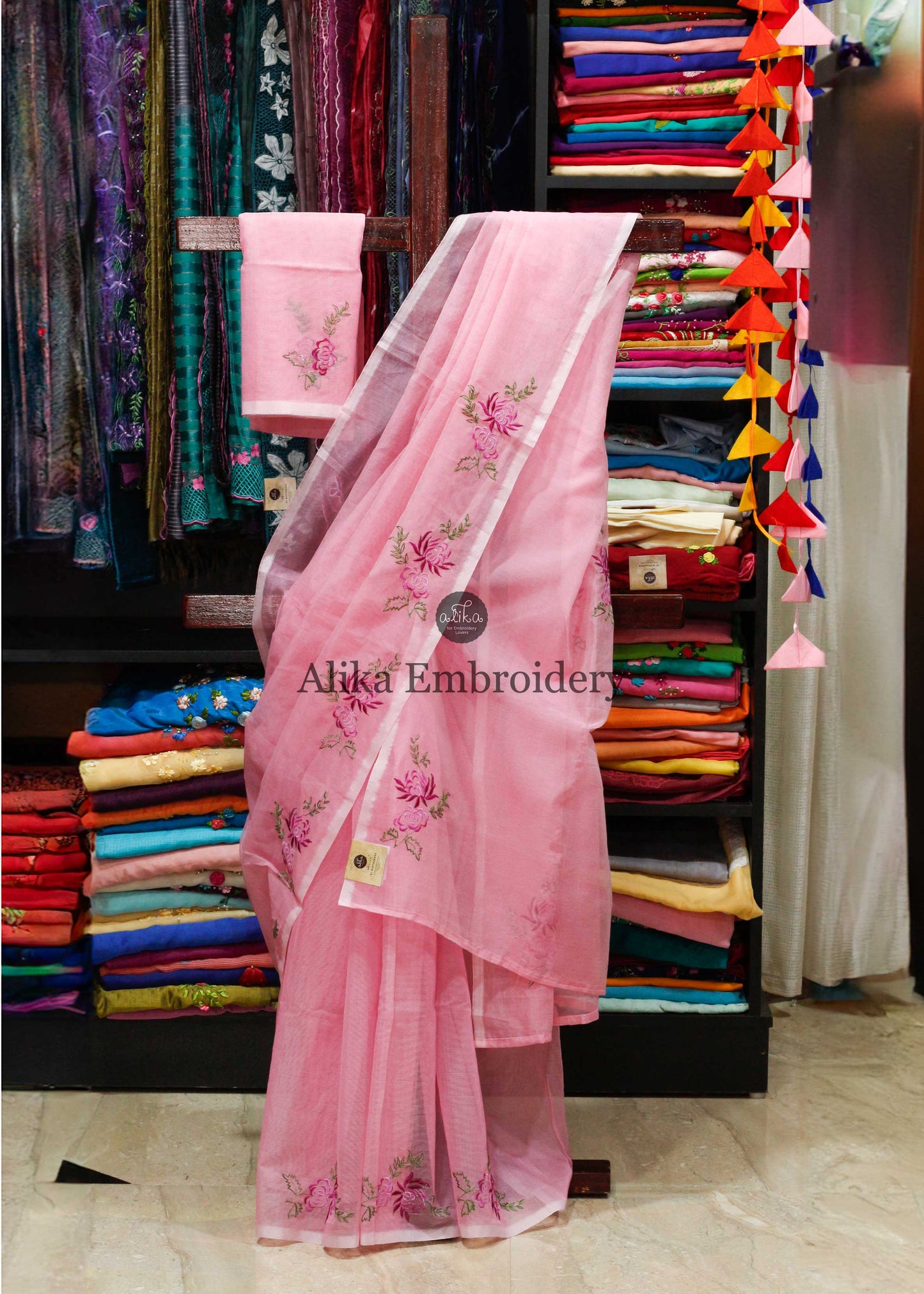 "Graceful Elegance: Pink Silky Kota Saree with Exquisite Machine Work"