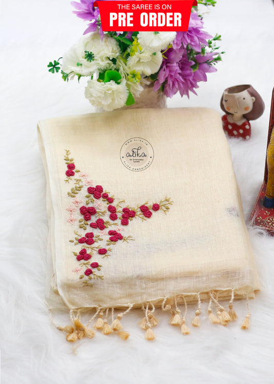 Elegant Cream Linen Saree with Exquisite Bullion Work