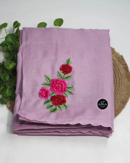 Lilac Silky Kota Saree with Multicolour Floral Embroidery | Alika Fashion