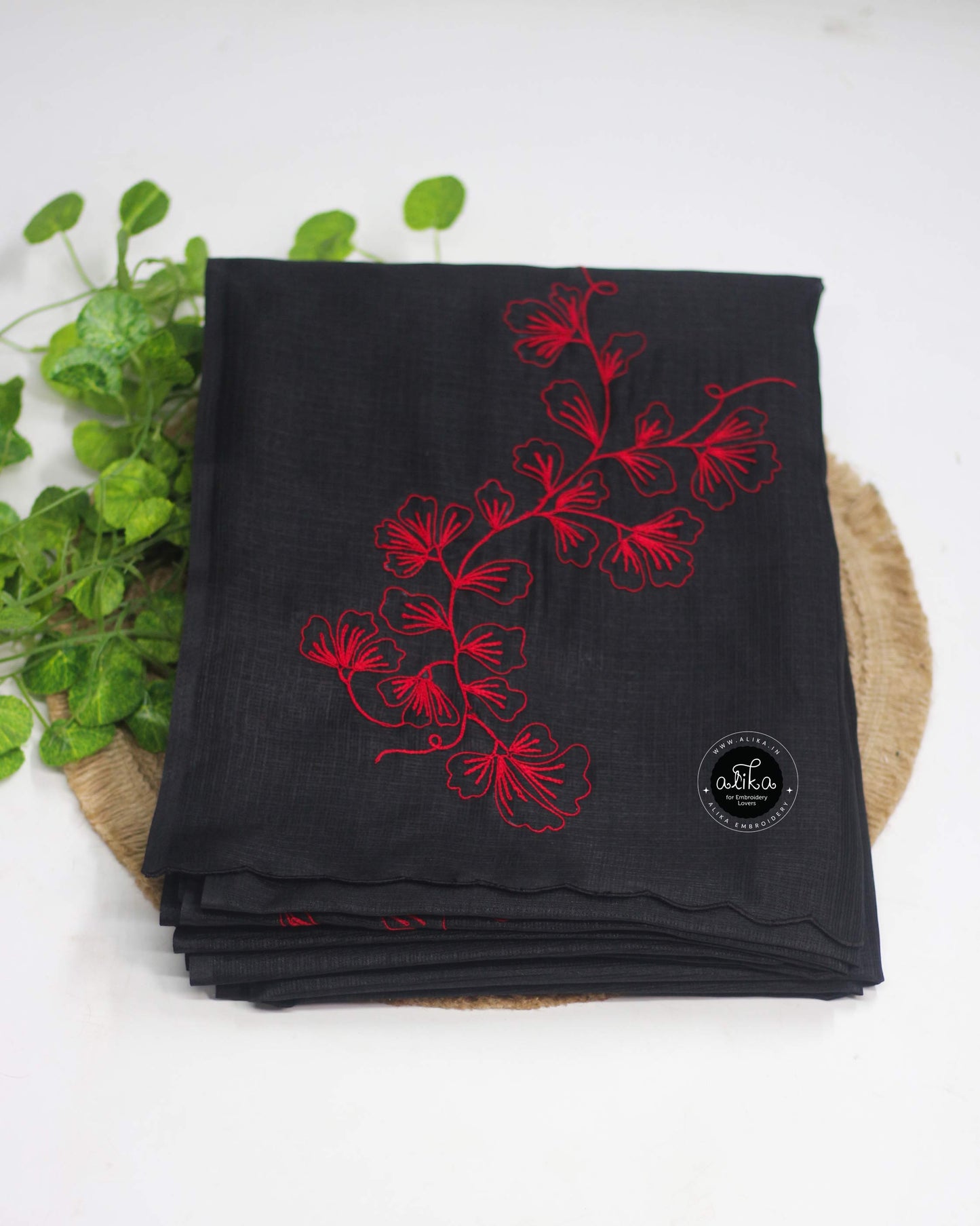 Black Silky Kota Saree with Red Crochet Floral Thread Embroidery | Alika Fashion