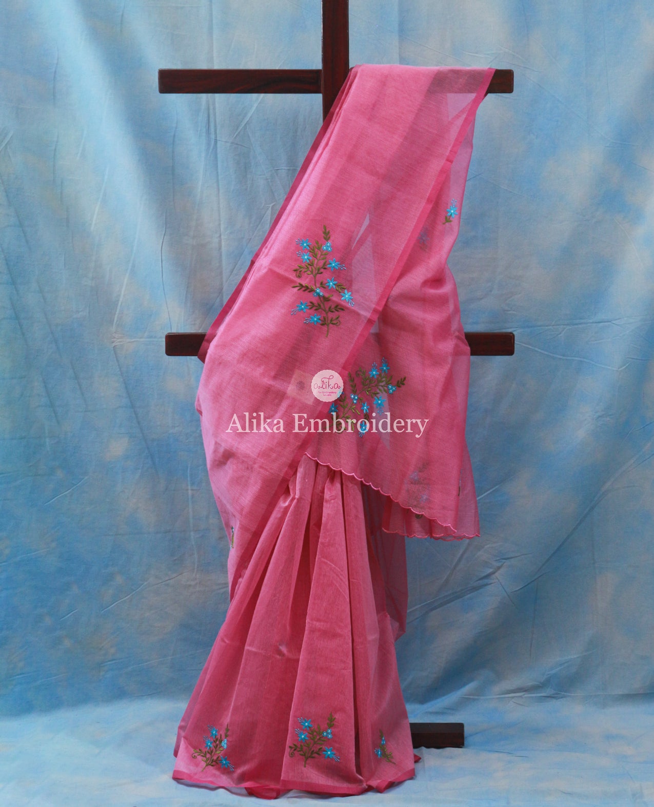 Elegant Pink Kota Saree with Blue Floral Machine Embroidery | Timeless Grace