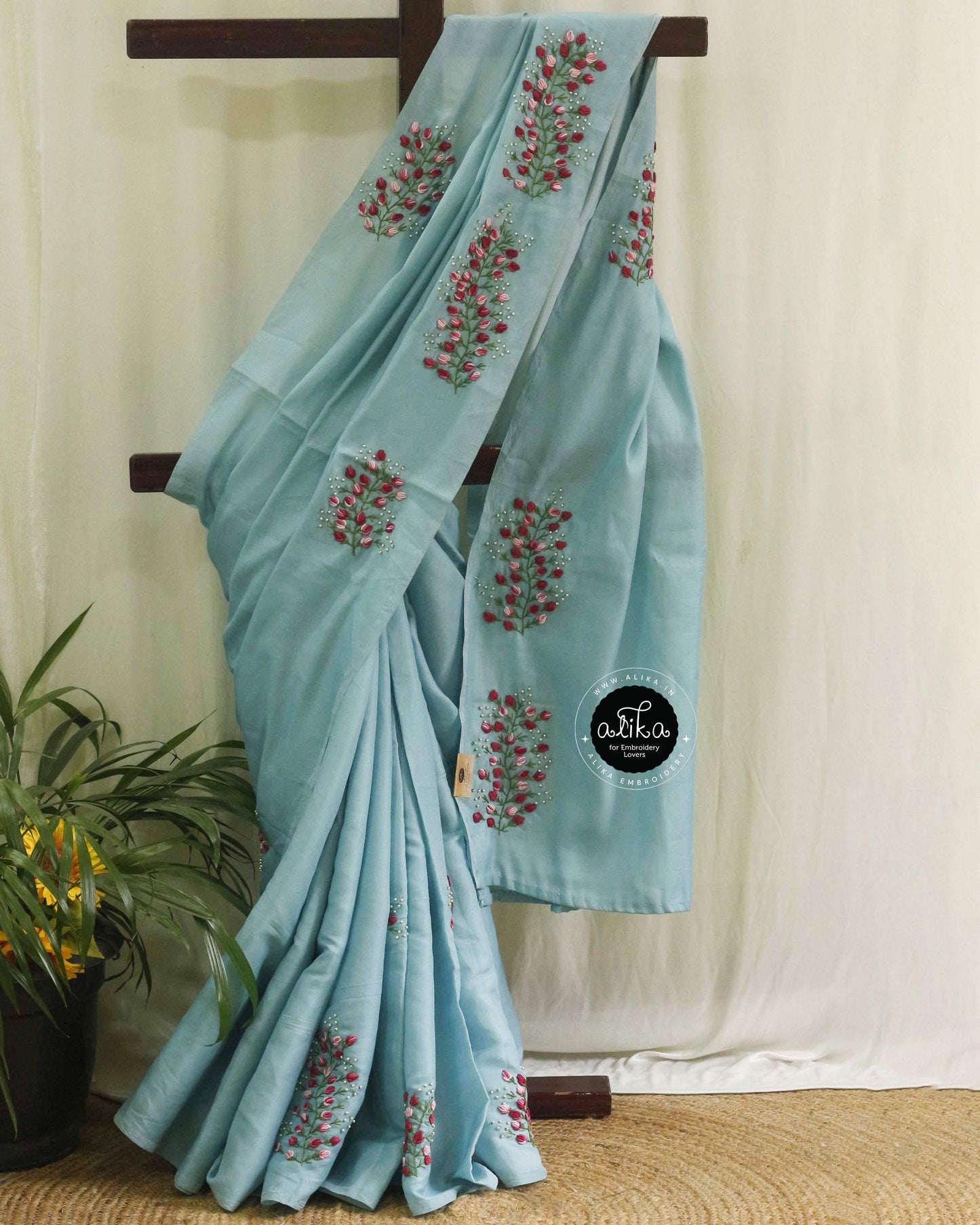 Cloudy Blue Semi-Silk Saree with Double-Shaded Pink Bullion Hand Embroidery | Alika Fashion