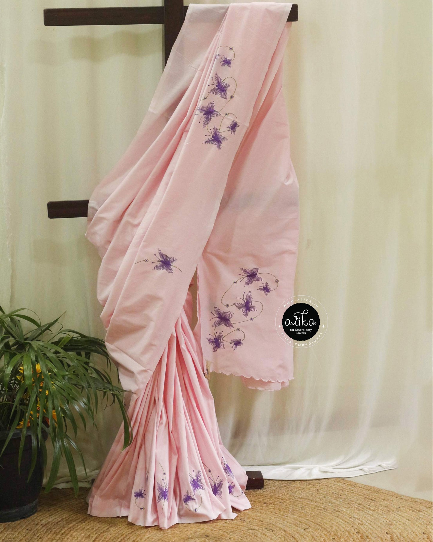 Piggy Pink Cotton Saree with Machine Embroidery | Alika Fashion Store