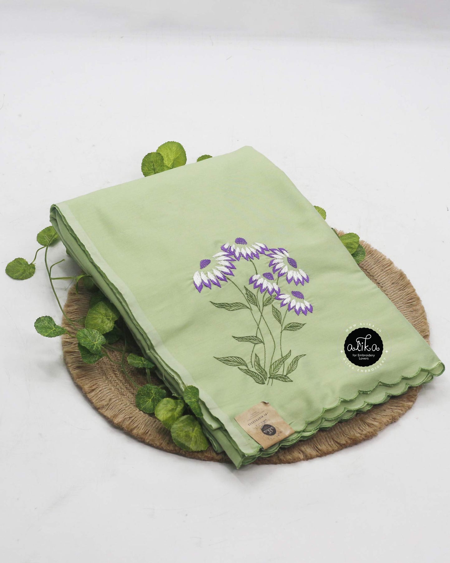 Caper Green Semi-Cotton Saree with Machine Embroidery – Alika Fashion Store