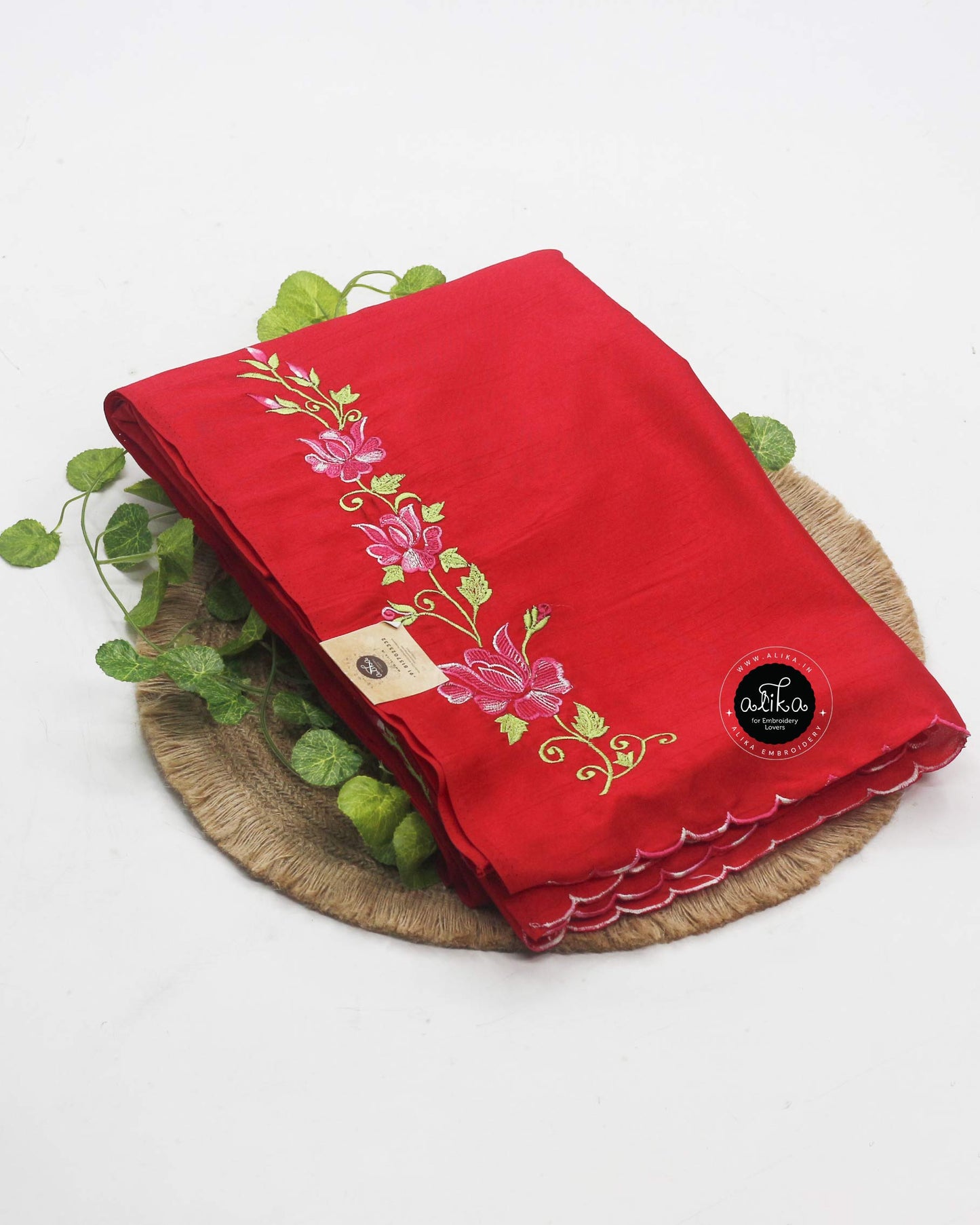 Cherry Red Soft Silk Saree with Machine Floral Embroidery – Alika Fashion Store