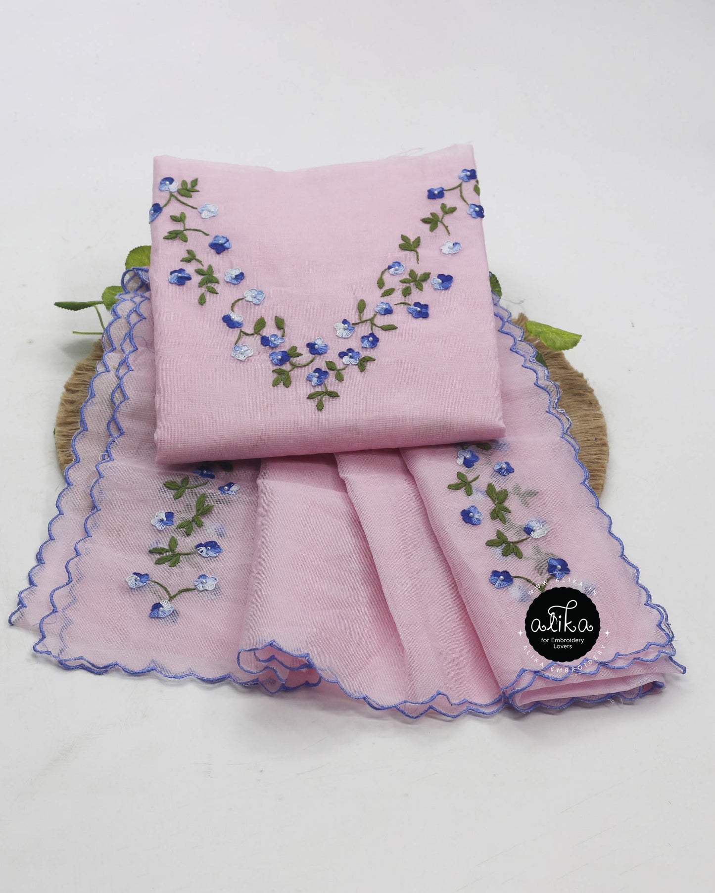 Baby Pink Silky Kota Top with Floral Hand Embroidery & Scalloped Embroidered Dupatta by Alika Fashion Store