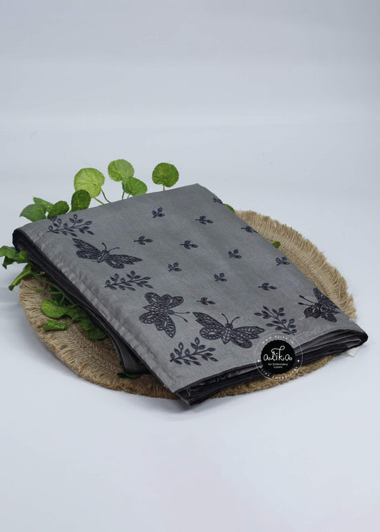 Cloudy Grey Semi-Silk Saree with Butterfly Design and Delicate Cutwork - Alika Fashion Store