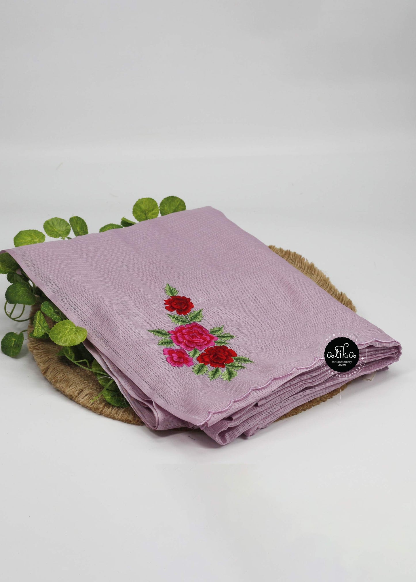 Lilac Silky Kota Saree with Multicolour Floral Embroidery | Alika Fashion