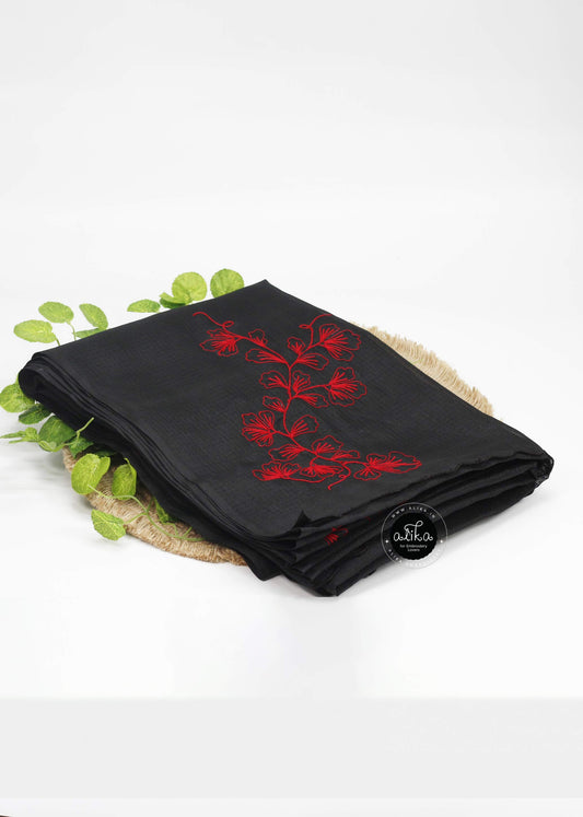 Black Silky Kota Saree with Red Crochet Floral Thread Embroidery | Alika Fashion