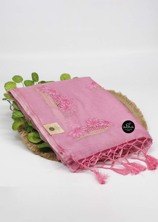 Pink Double-Shaded Silky Kota Saree with Full-Body Scattered Cutwork – Elegant Handcrafted Design