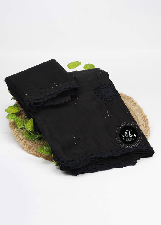 Black Kota Doria Saree with Crochet Detailing Mirror Work by Alika Fashion Store