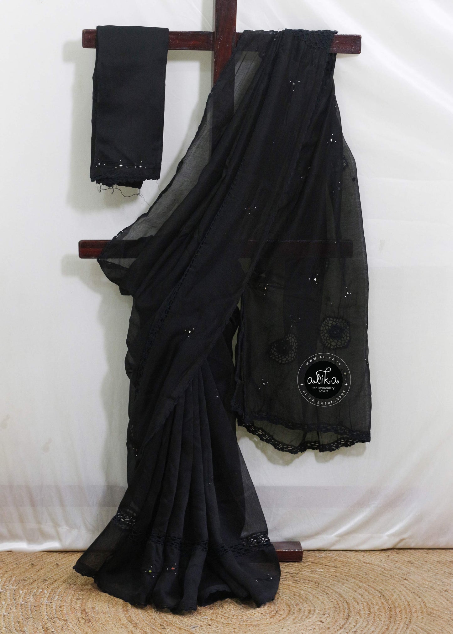 Black Kota Doria Saree with Crochet Detailing Mirror Work by Alika Fashion Store