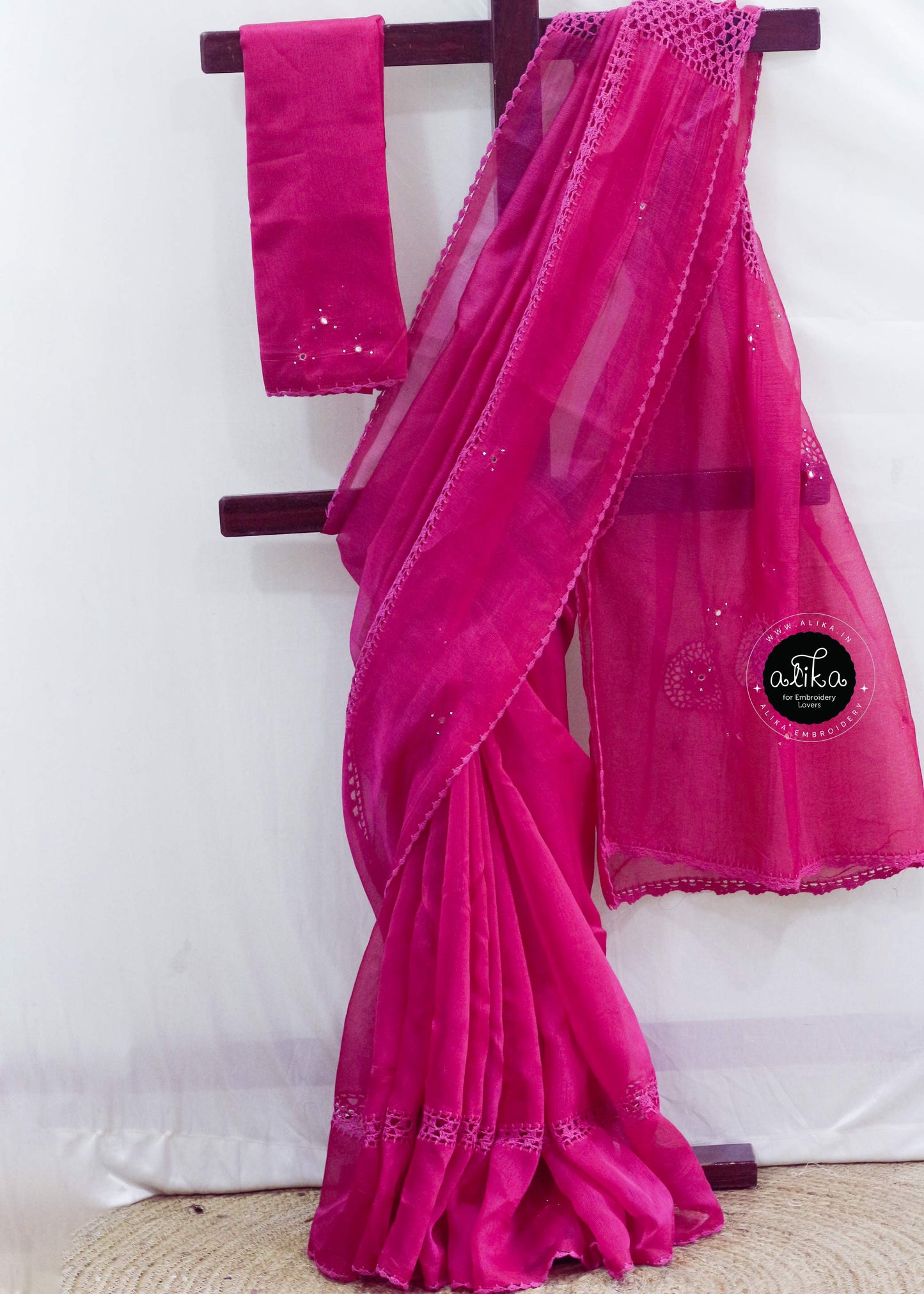 Rani Pink Kota Doria Saree with Crochet Detailing & Mirror Work by Alika Fashion Store