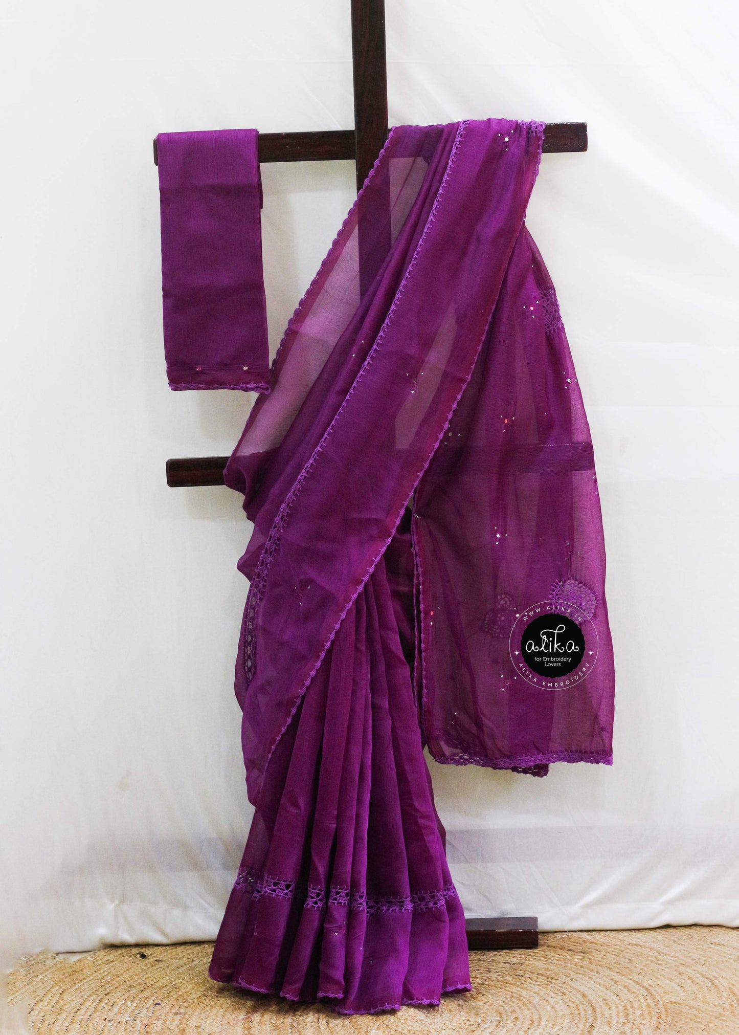 Violet Kota Doria Saree with Crochet Detailing & Mirror Work by Alika Fashion Store