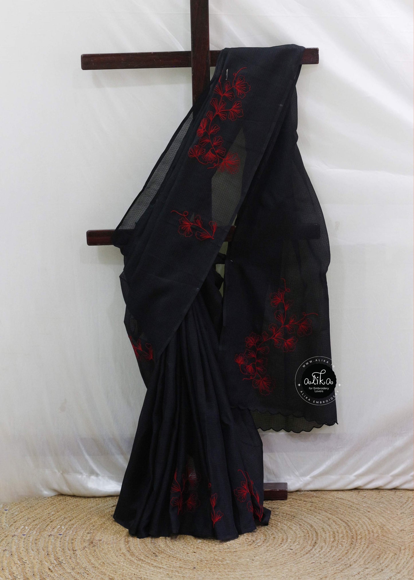 Black Silky Kota Saree with Red Crochet Floral Thread Embroidery | Alika Fashion