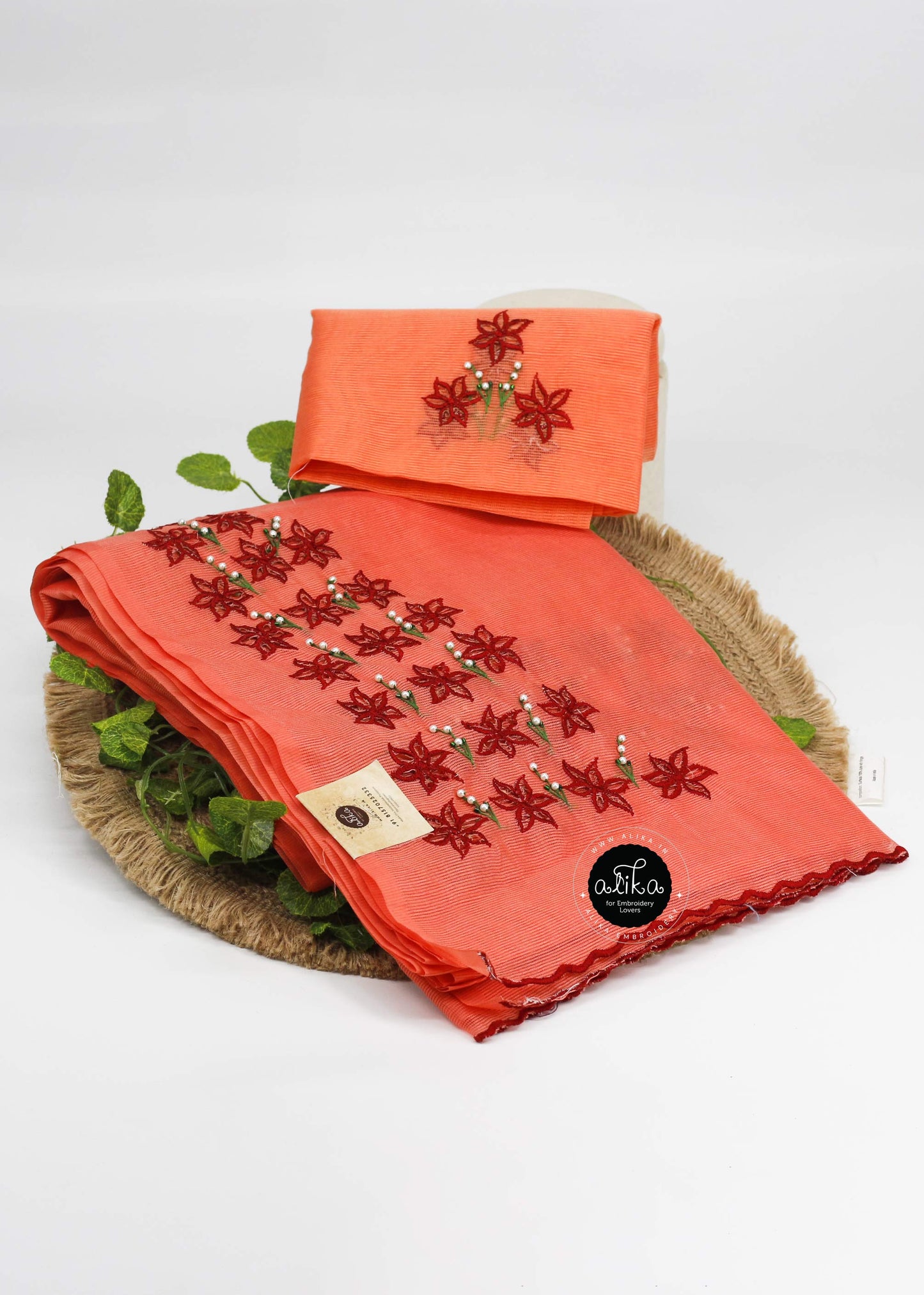 Sunset Orange Kota Saree with Red Floral Cutwork & Pearls – Handcrafted Elegance by Alika Fashion Store