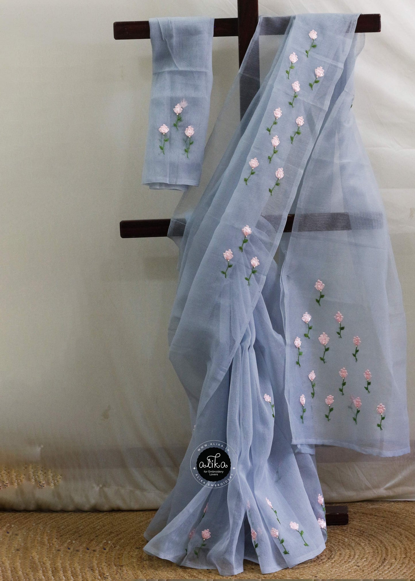 Cadet Gray Kota Saree with Cream Floral Ribbon Embroidery - Alika Fashion Store