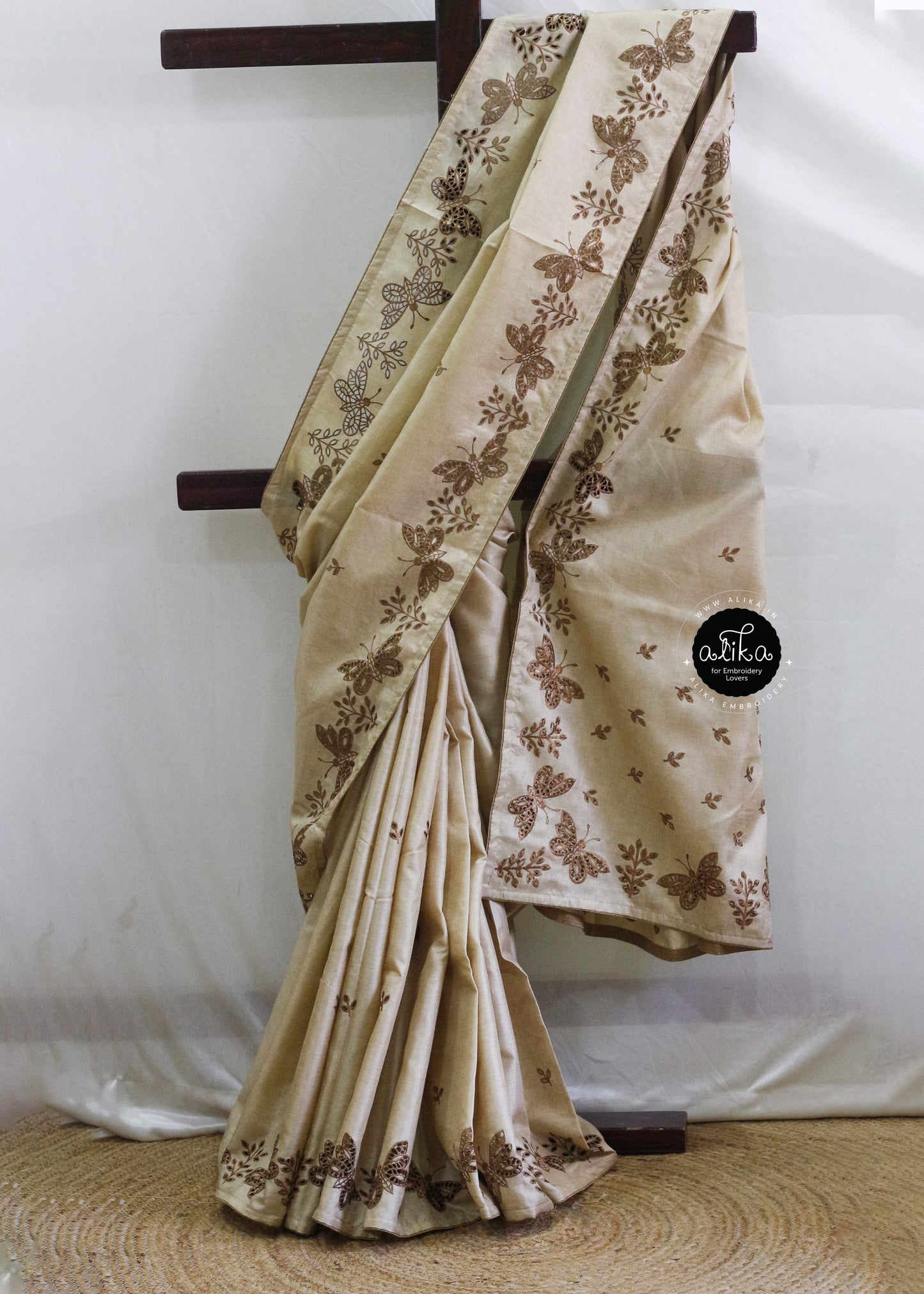 Ivory Semi-Silk Saree with Butterfly Design and Delicate Cutwork - Alika Fashion Store