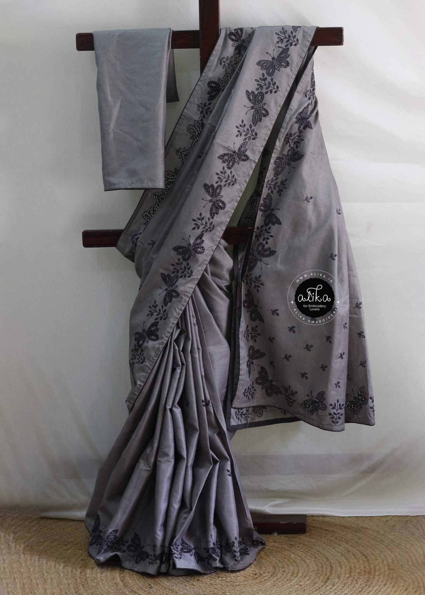 Cloudy Grey Semi-Silk Saree with Butterfly Design and Delicate Cutwork - Alika Fashion Store