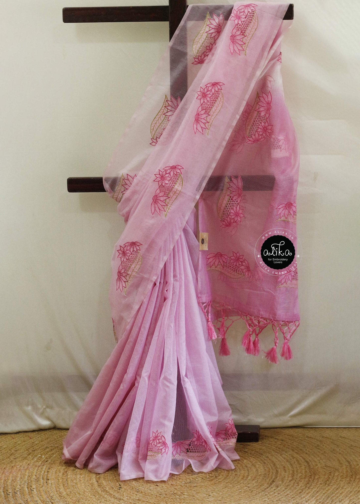 Pink Double-Shaded Silky Kota Saree with Full-Body Scattered Cutwork – Elegant Handcrafted Design