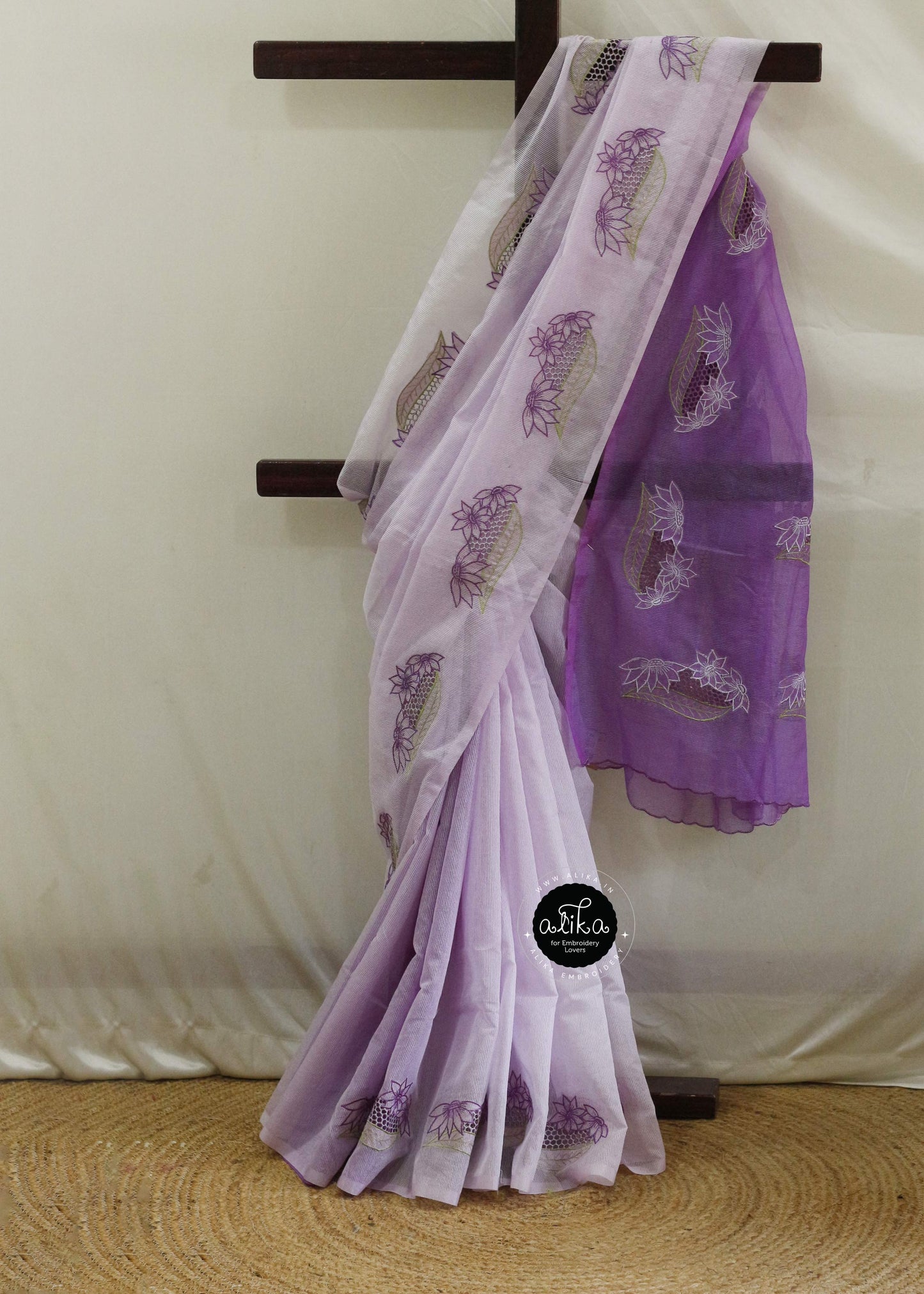 Deep and Light Lavender Double-Shaded Silky Kota Saree with Full-Body Scattered Cutwork - Alika Fashion Store