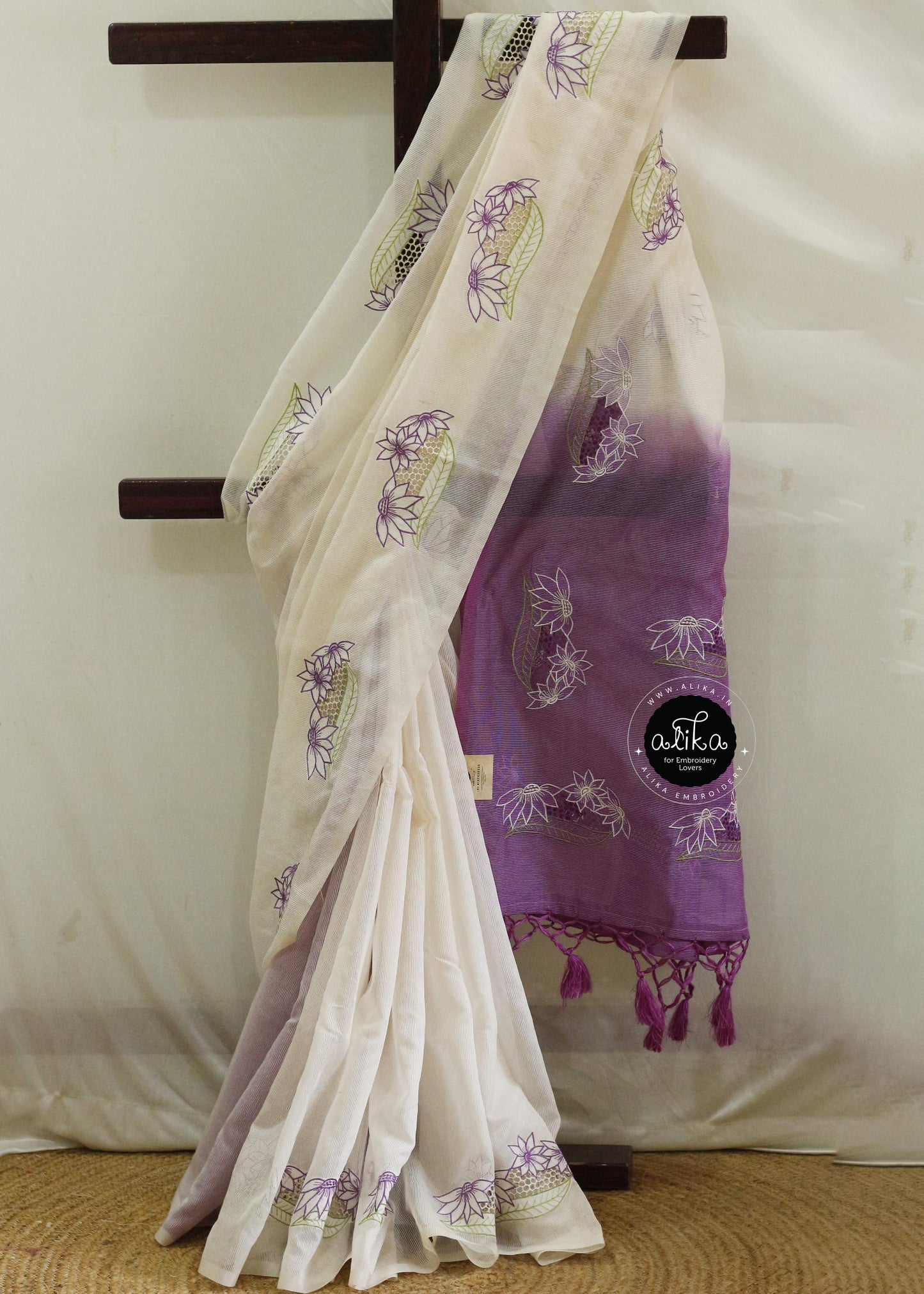 Dark Lilac and Off-White Double-Shaded Silky Kota Saree with Full-Body Scattered Cutwork – Handcrafted Elegance by Alika Fashion Store