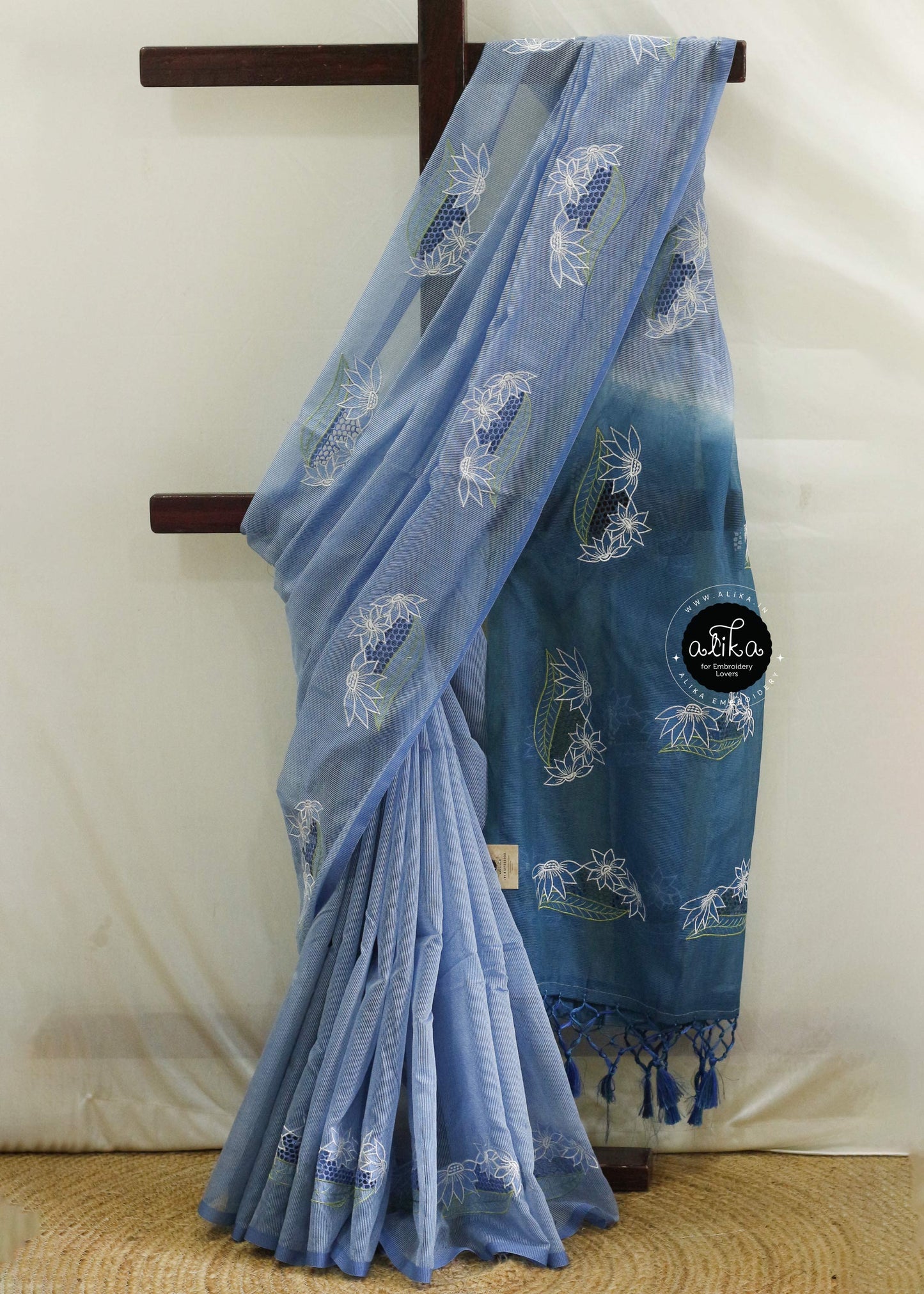 Double-Shaded Sapphire Blue Silky Kota Saree with Full-Body Scattered Cutwork - Alika Fashion Store