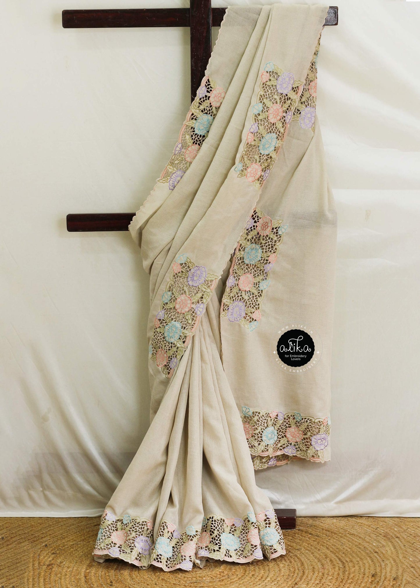 Pale Silver Semi-georgette Saree with Scattered Machine Cutwork – Alika Fashion Store