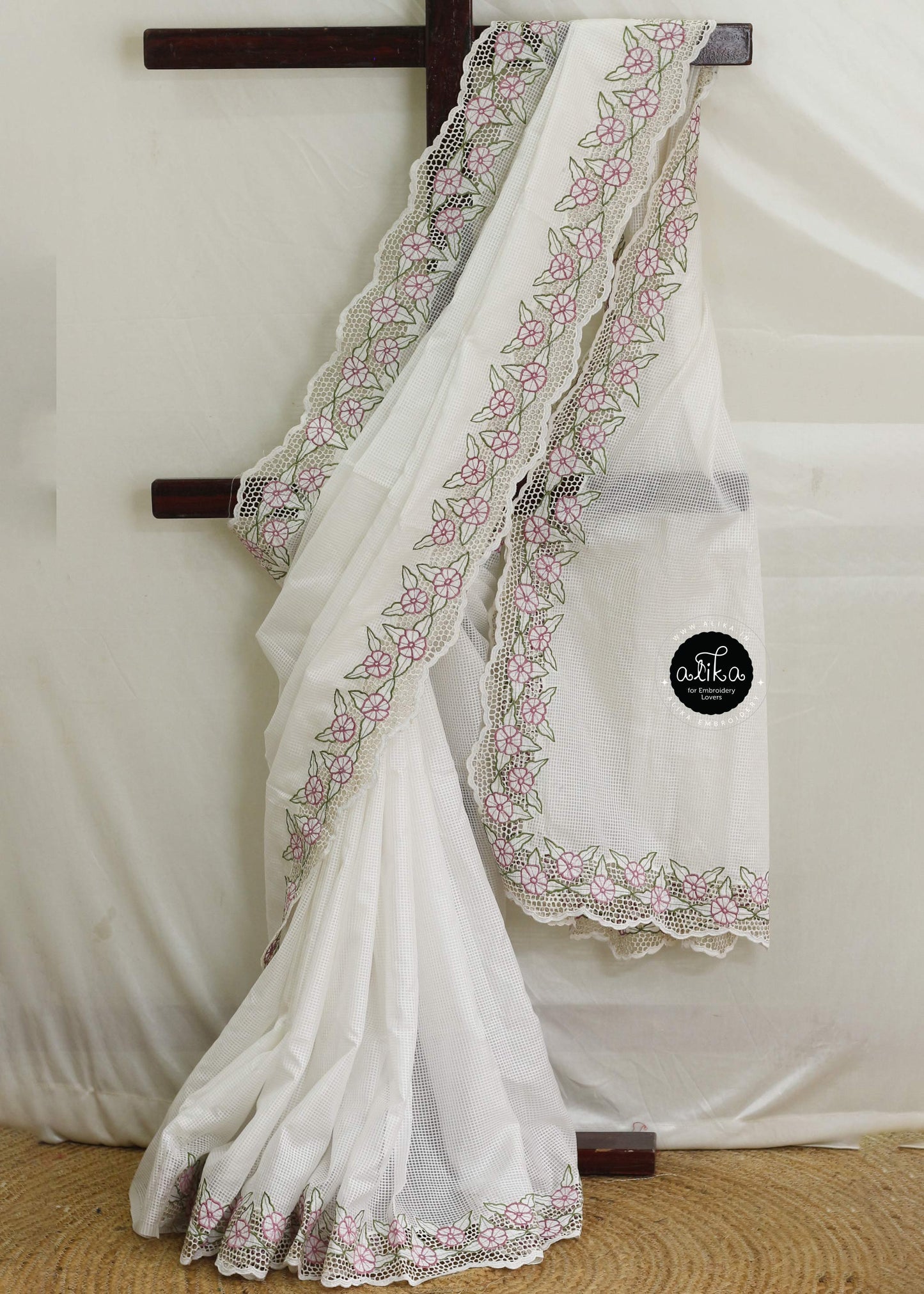 White Checked Semi Tussar Saree with Full Border Cutwork | Alika Fashion Store