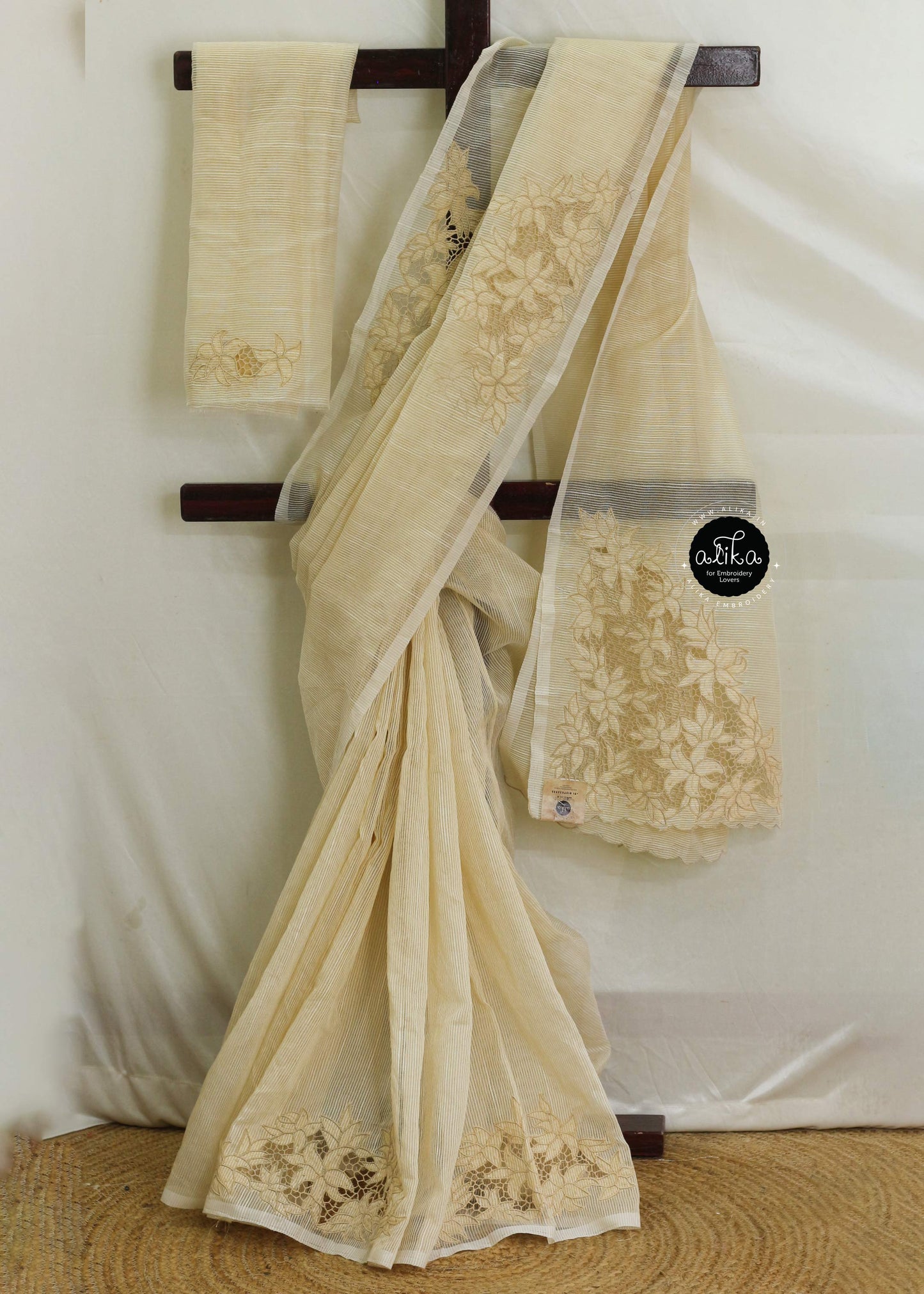 AMBER WHITE STRIPED KOTA SAREE WITH TWINE CUTWORK – Elegant and Lightweight by Alika Fashion Store