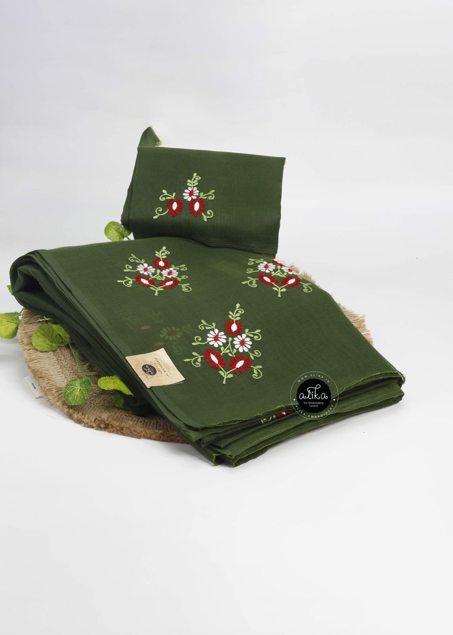 Product Title: Dark Pine Green Kota Saree with Red & White Floral Hand Embroidery by Alika Fashion Store