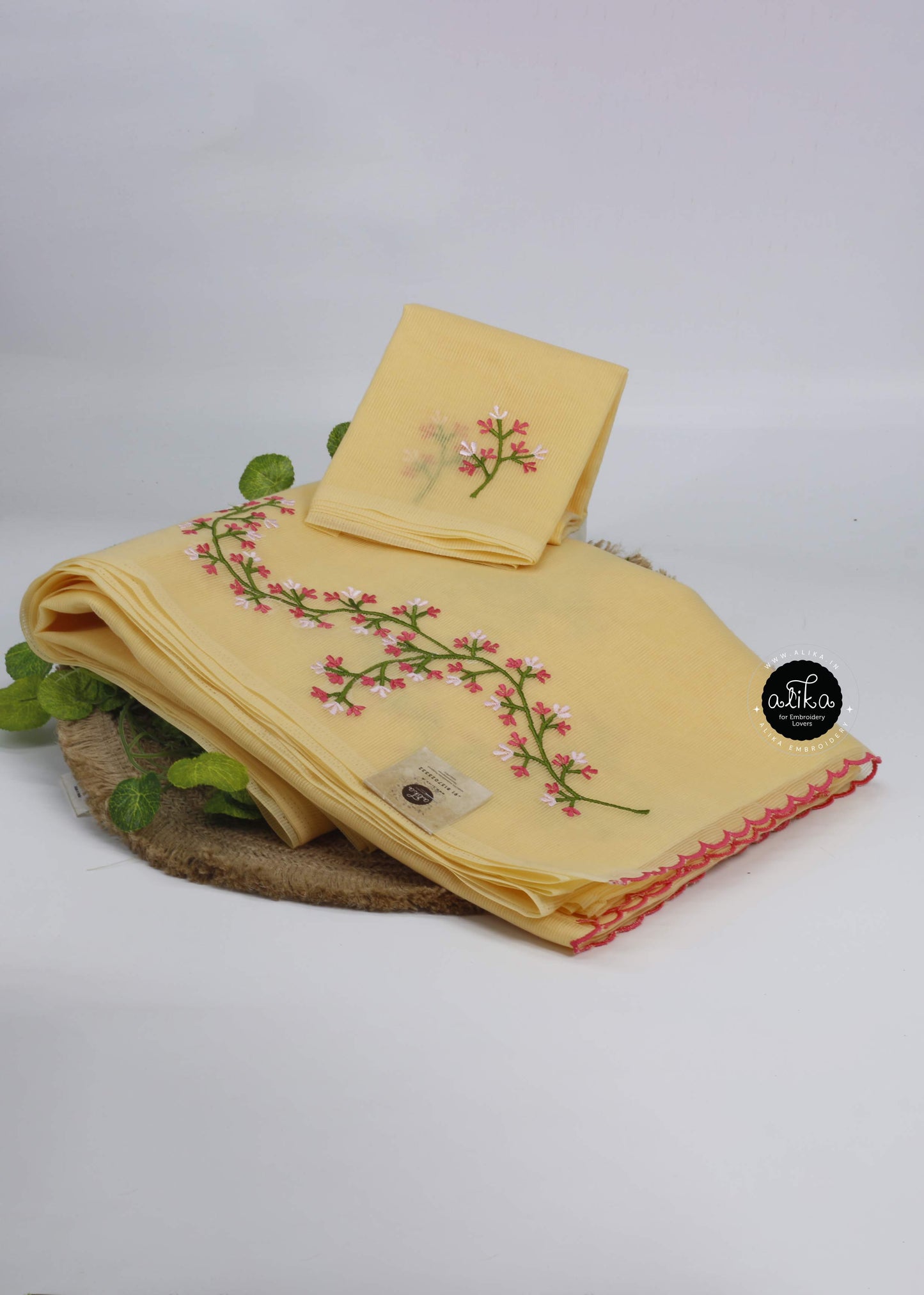 Lemon Yellow Kota Saree with Floral Machine Embroidery – Bright and Beautiful | Alika Fashion Store