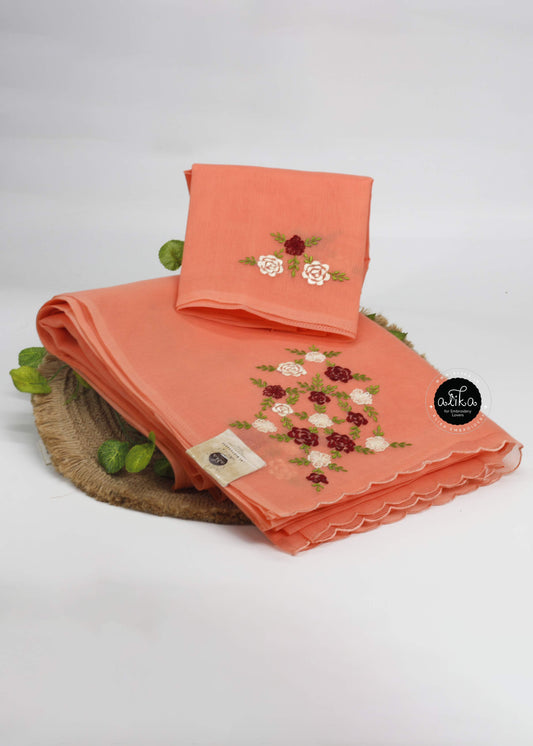 Coral Orange Kota Saree with Off-White & Red Floral Embroidery by Alika Fashion Store