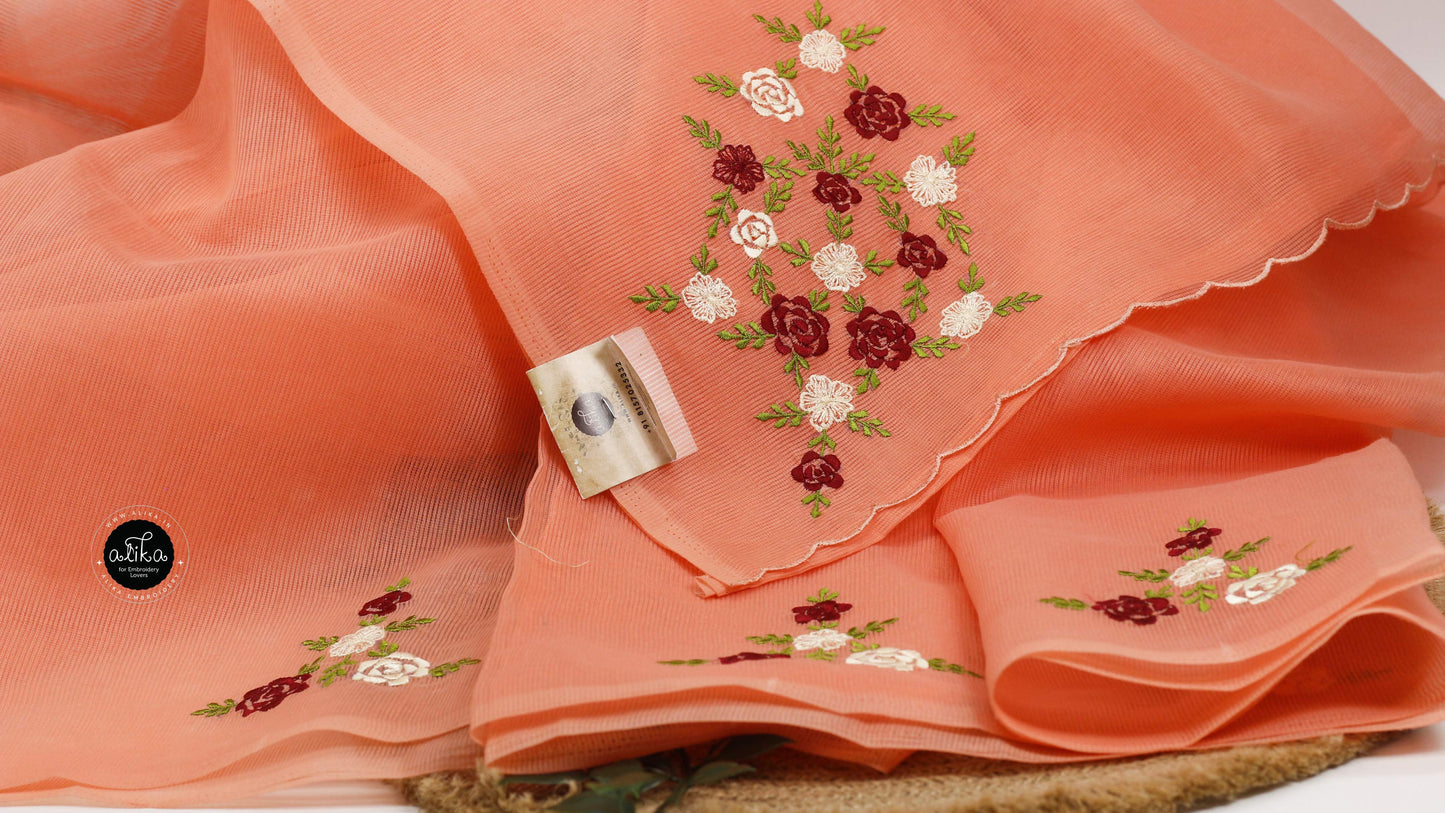 Coral Orange Kota Saree with Off-White & Red Floral Embroidery by Alika Fashion Store