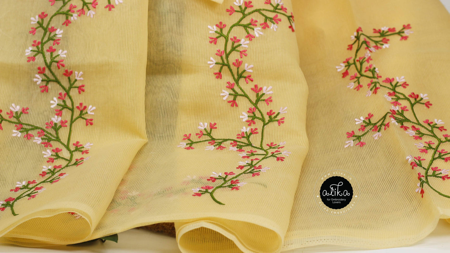 Lemon Yellow Kota Saree with Floral Machine Embroidery – Bright and Beautiful | Alika Fashion Store