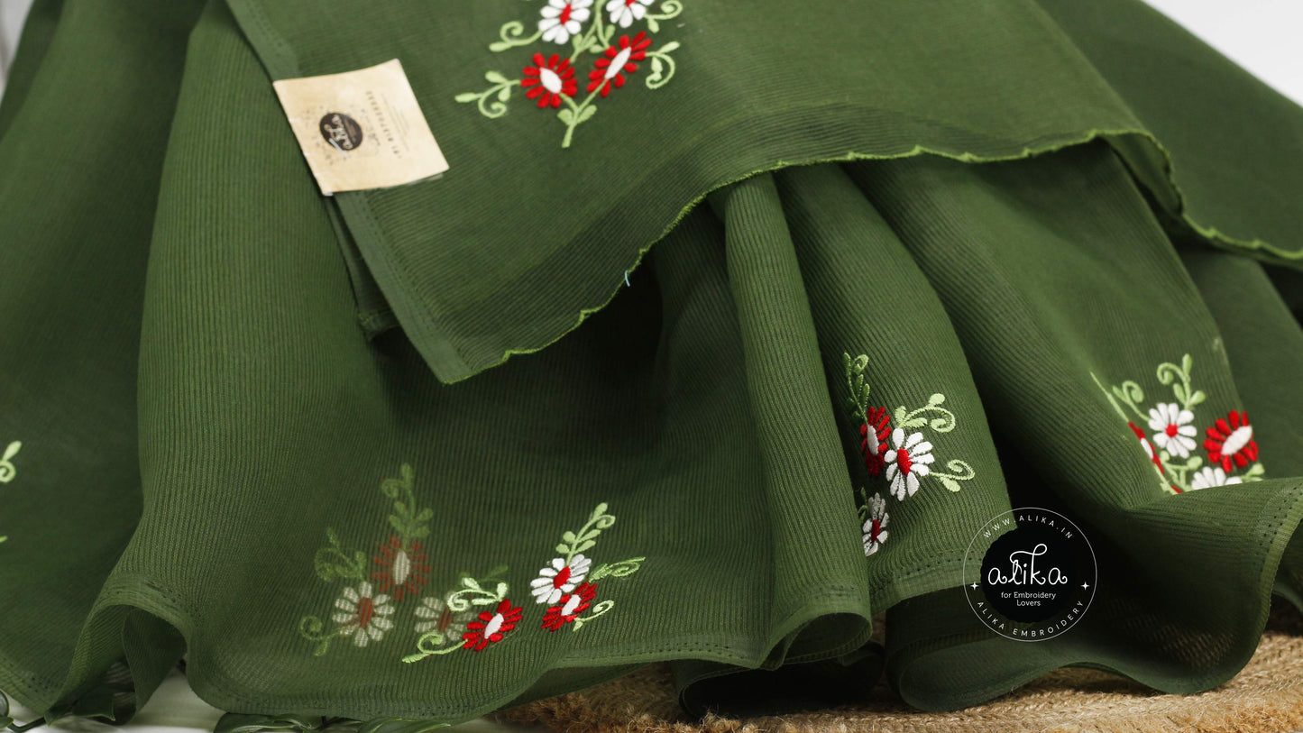 Product Title: Dark Pine Green Kota Saree with Red & White Floral Hand Embroidery by Alika Fashion Store