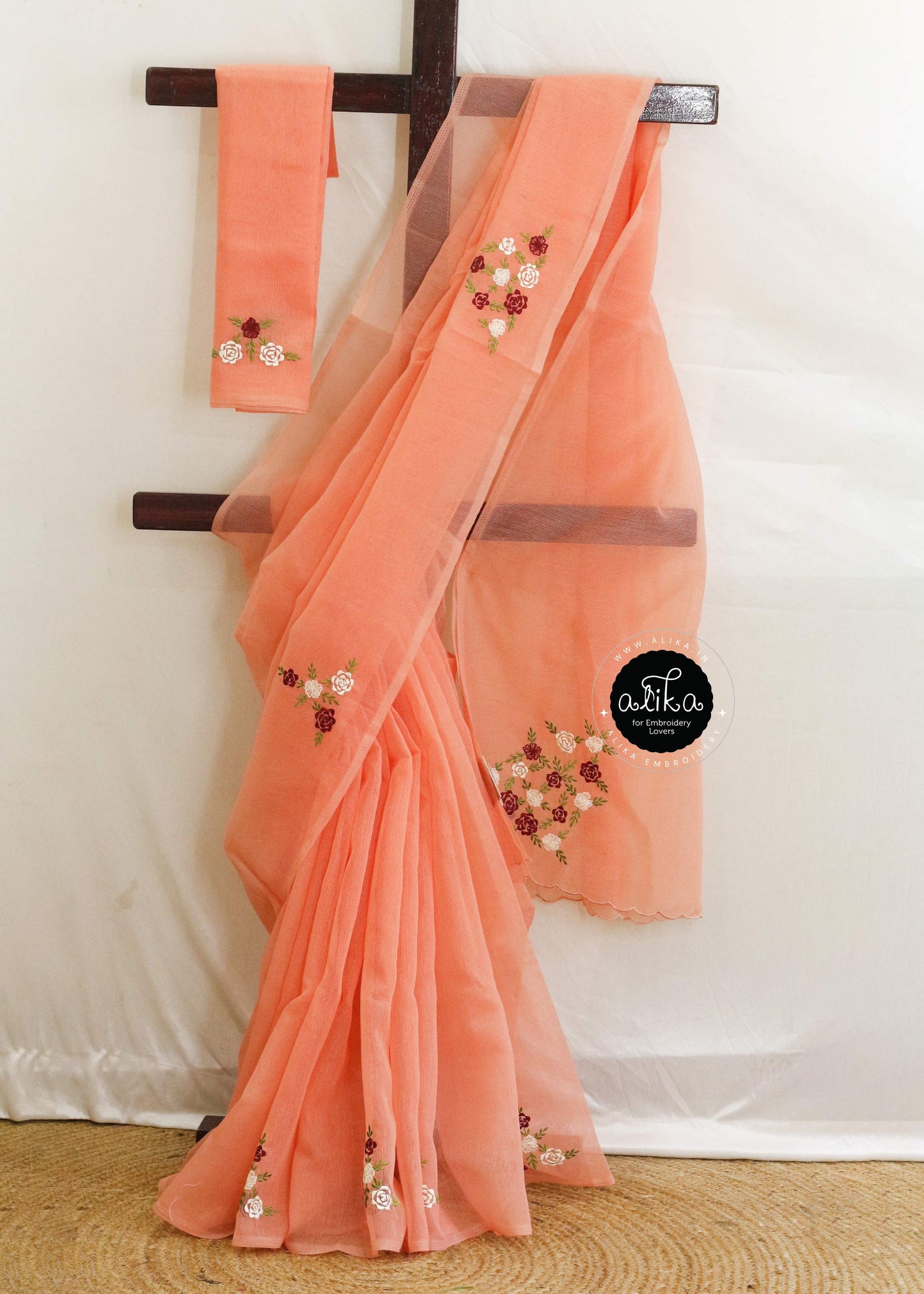 Coral Orange Kota Saree with Off-White & Red Floral Embroidery by Alika Fashion Store