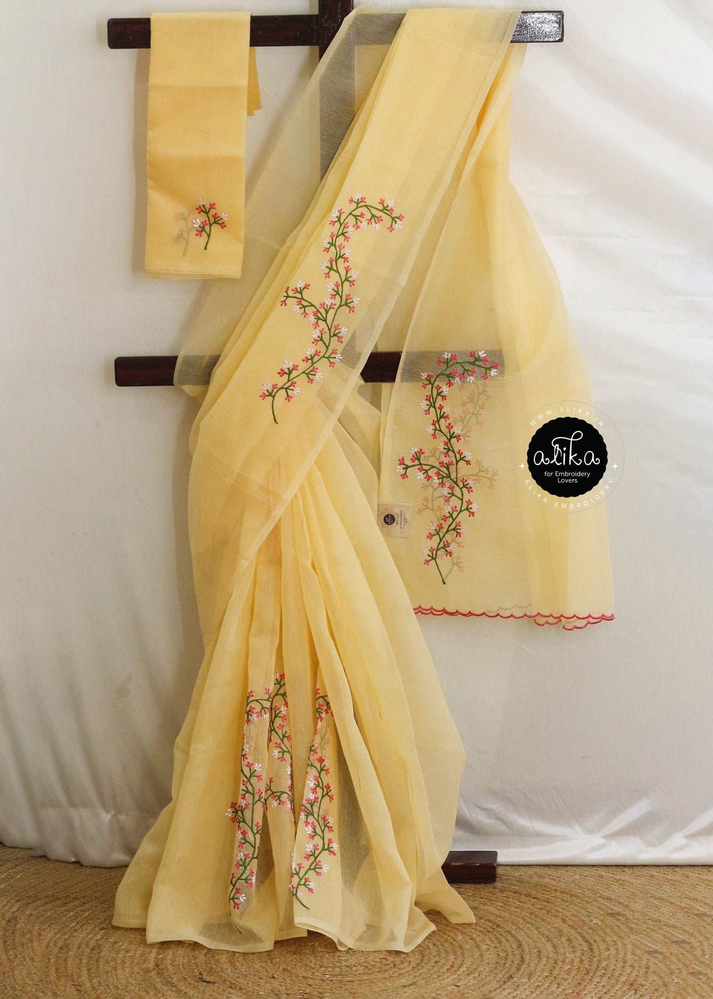 Lemon Yellow Kota Saree with Floral Machine Embroidery – Bright and Beautiful | Alika Fashion Store