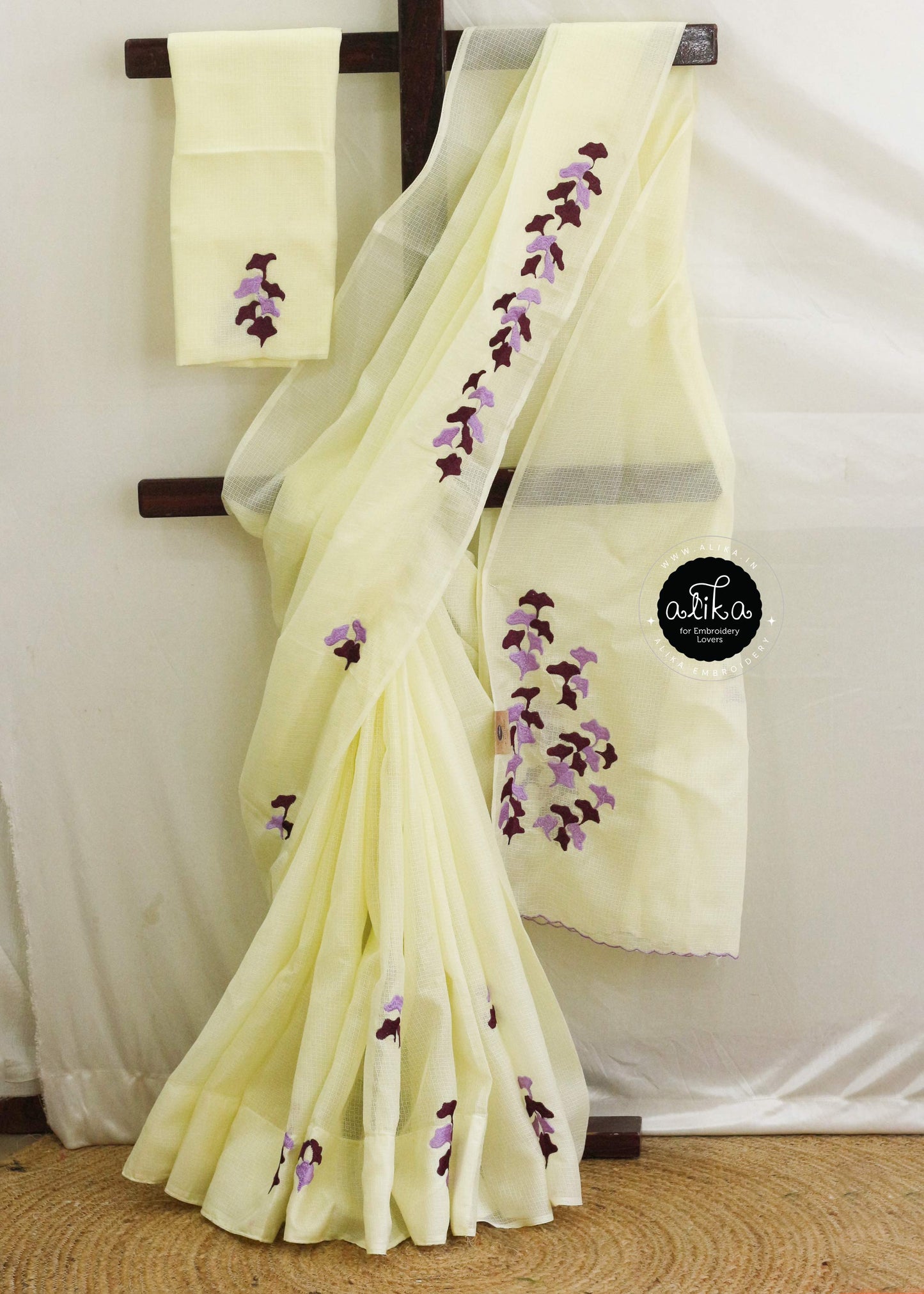 Pastel Yellow Organdy Kota Saree with Floral Machine Embroidery – Light and Elegant | Alika Fashion Store