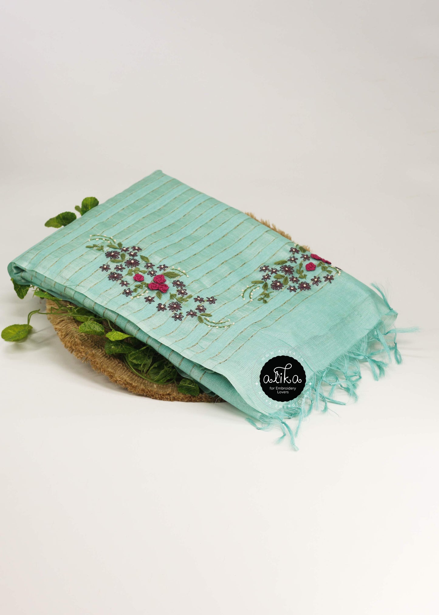 Turquoise Green Tussar Silk Saree with Floral Hand Embroidery – Elegant Craftsmanship by Alika Fashion Store