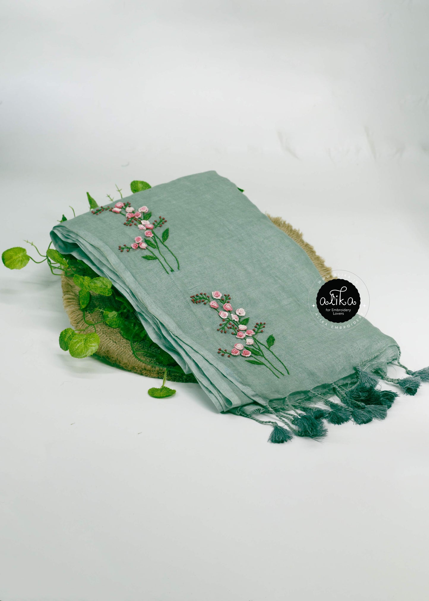 Pistachio Green Pure Linen Saree with Floral Hand Embroidery – Effortless Elegance by Alika Fashion Store