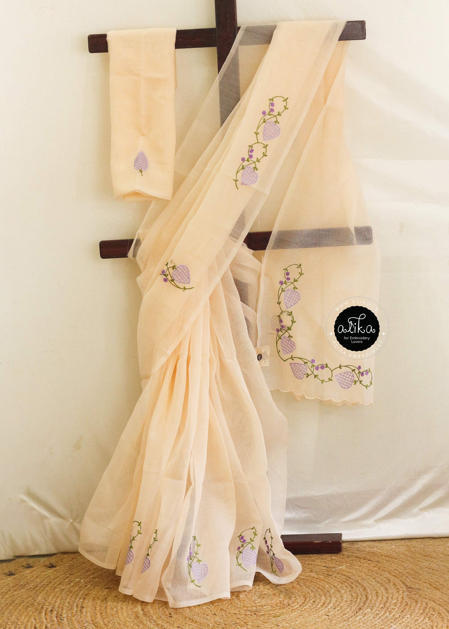 Ivory Kota Saree with Floral Machine Embroidery – Elegant and Timeless | Alika Fashion Store