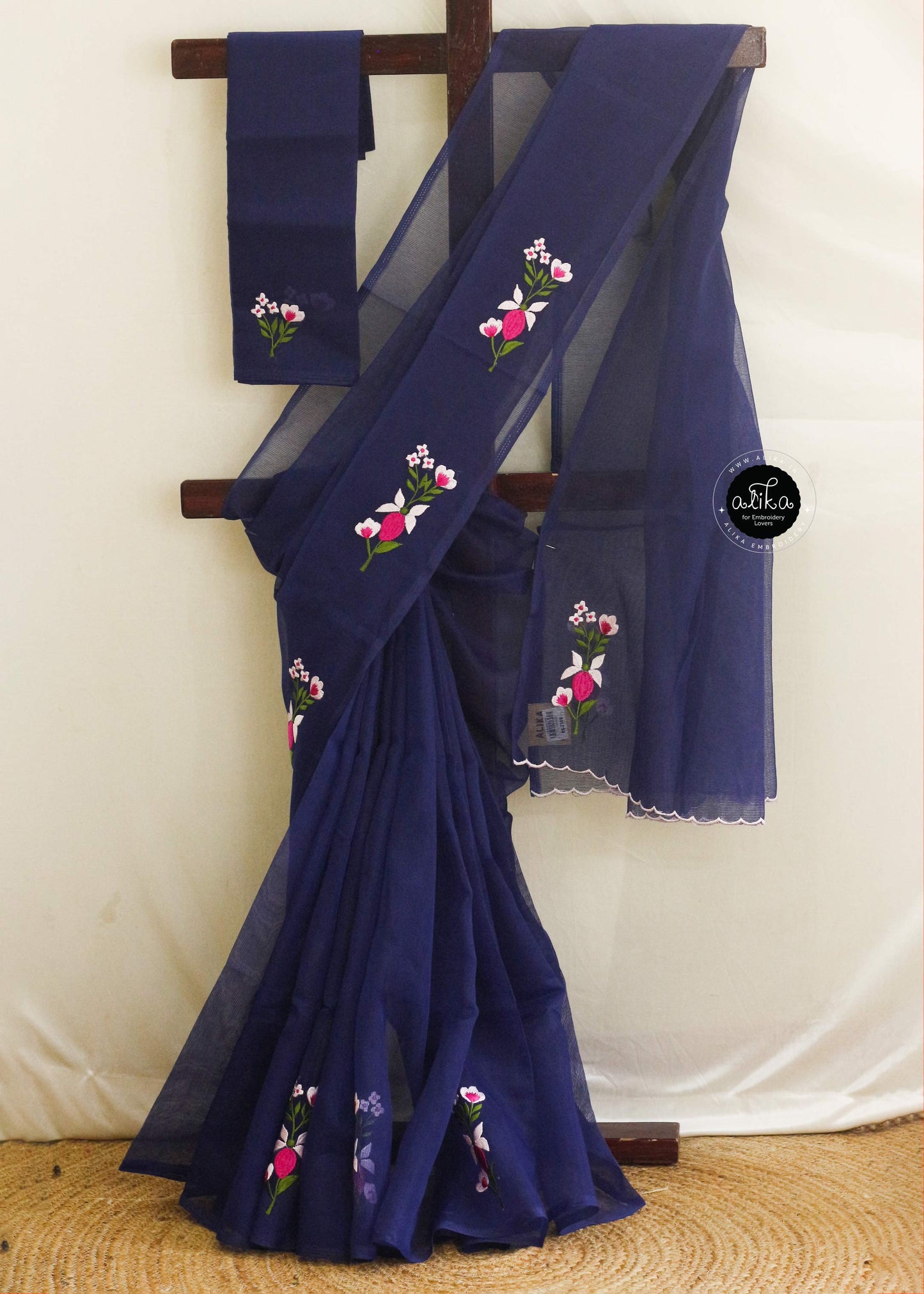 Royal Blue Kota Saree with Floral Machine Embroidery – Elegant and Timeless | Alika Fashion Store