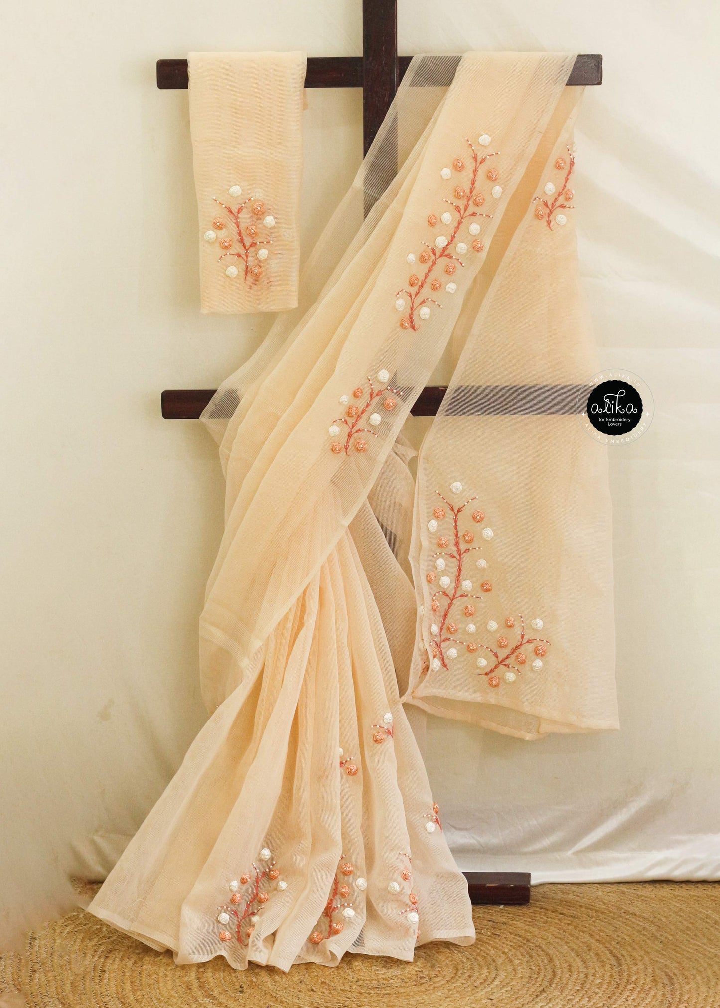 Blanched Almond Kota Saree with Beautiful Ribbon and Beads Embroidery – Graceful and Elegant | Alika Fashion Store